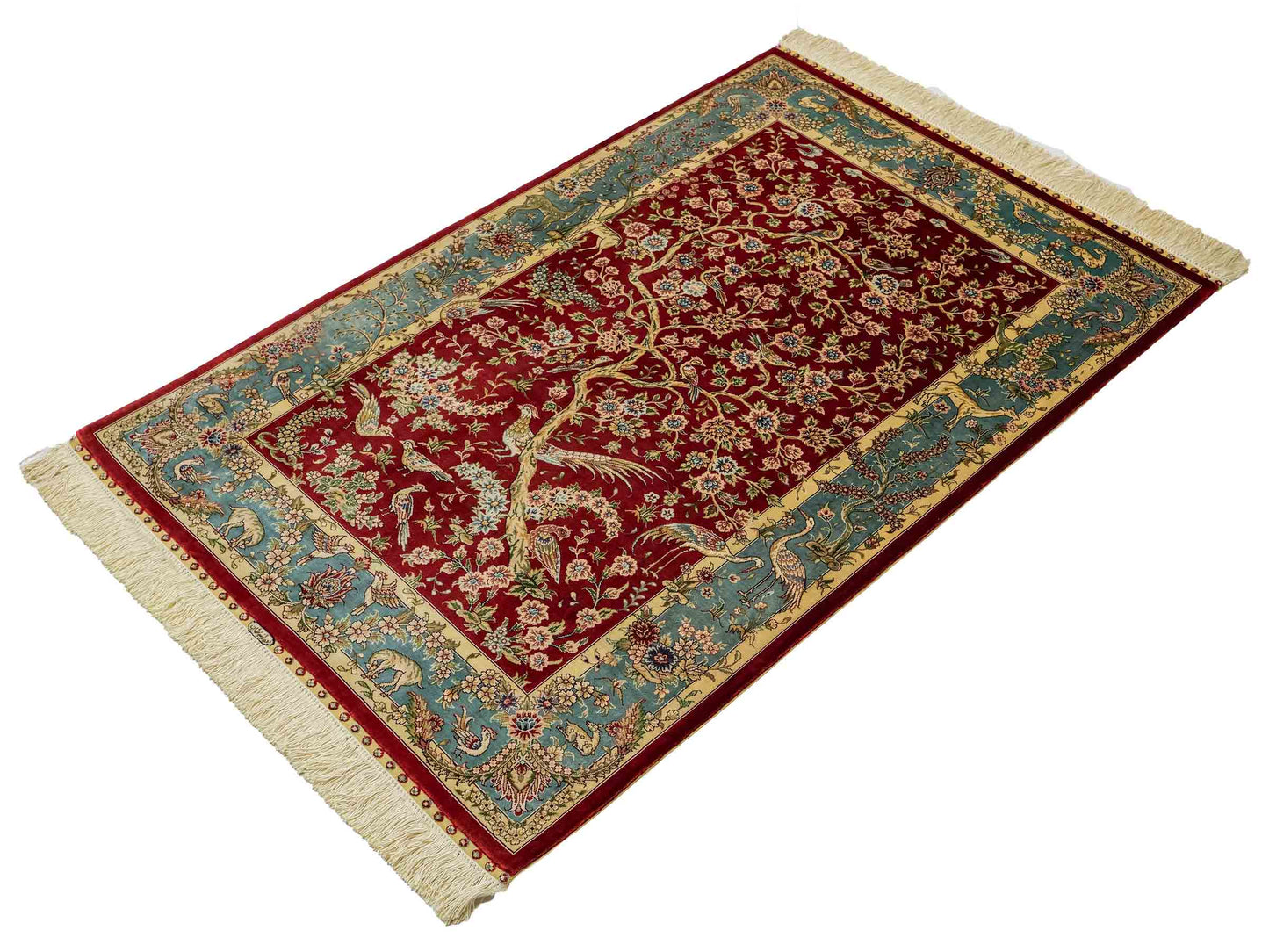 Sehr feiner, handgeknüpfter Khademi Orientteppich mit Ghom Design aus reiner Seide, rot, blau, creme. 124x79 cm. Vertrieb durch Jupiter Intl.