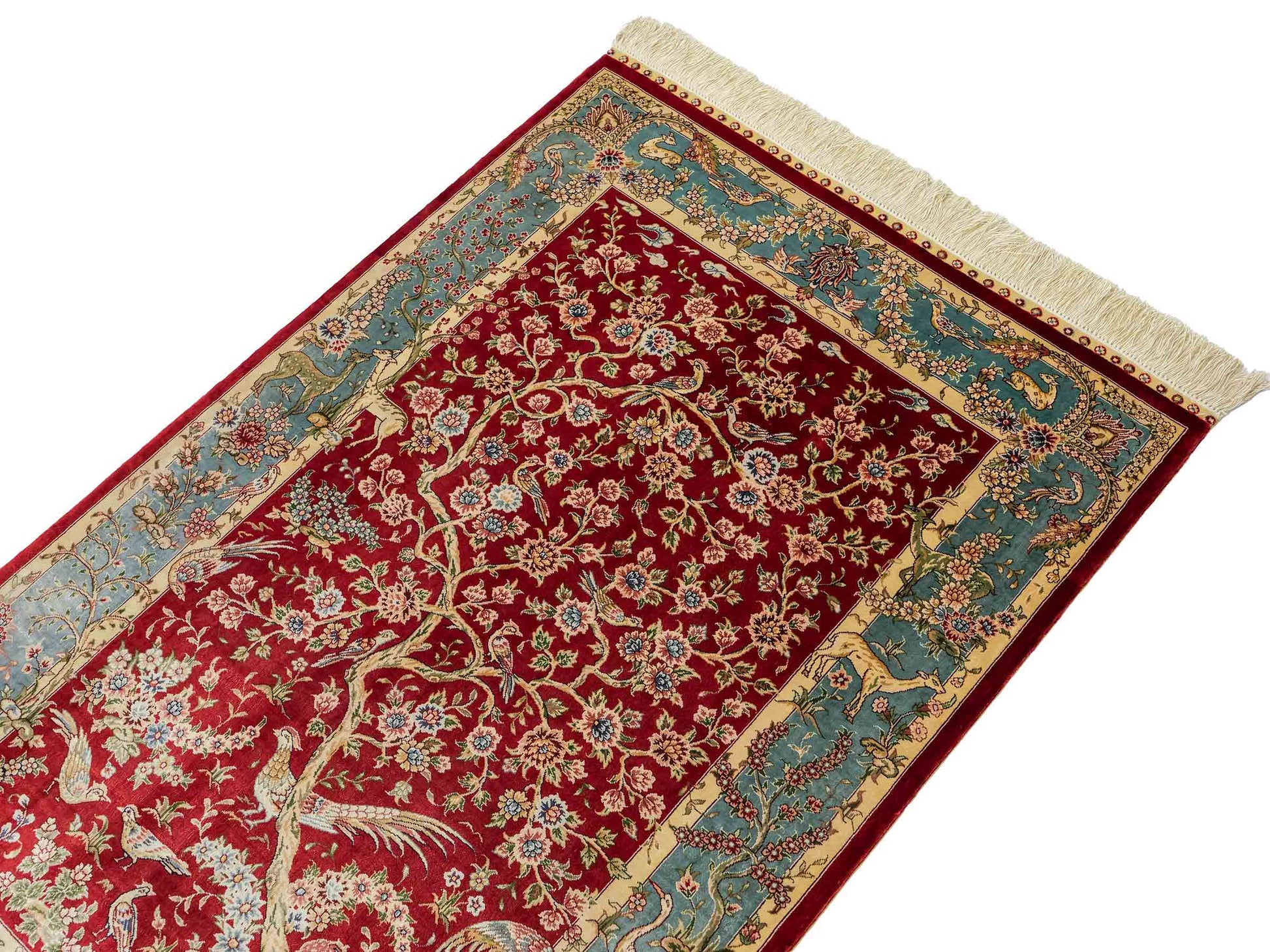 Sehr feiner, handgeknüpfter Khademi Orientteppich mit Ghom Design aus reiner Seide, rot, blau, creme. 124x79 cm. Vertrieb durch Jupiter Intl.