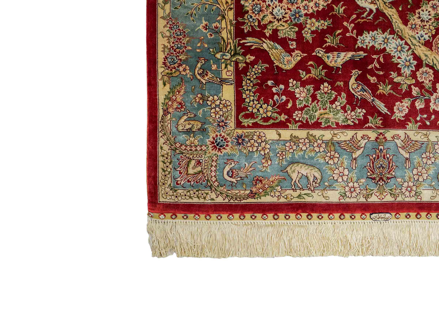 Sehr feiner, handgeknüpfter Khademi Orientteppich mit Ghom Design aus reiner Seide, rot, blau, creme. 124x79 cm. Vertrieb durch Jupiter Intl.