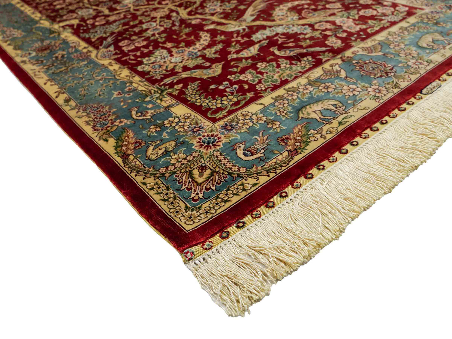 Sehr feiner, handgeknüpfter Khademi Orientteppich mit Ghom Design aus reiner Seide, rot, blau, creme. 124x79 cm. Vertrieb durch Jupiter Intl.