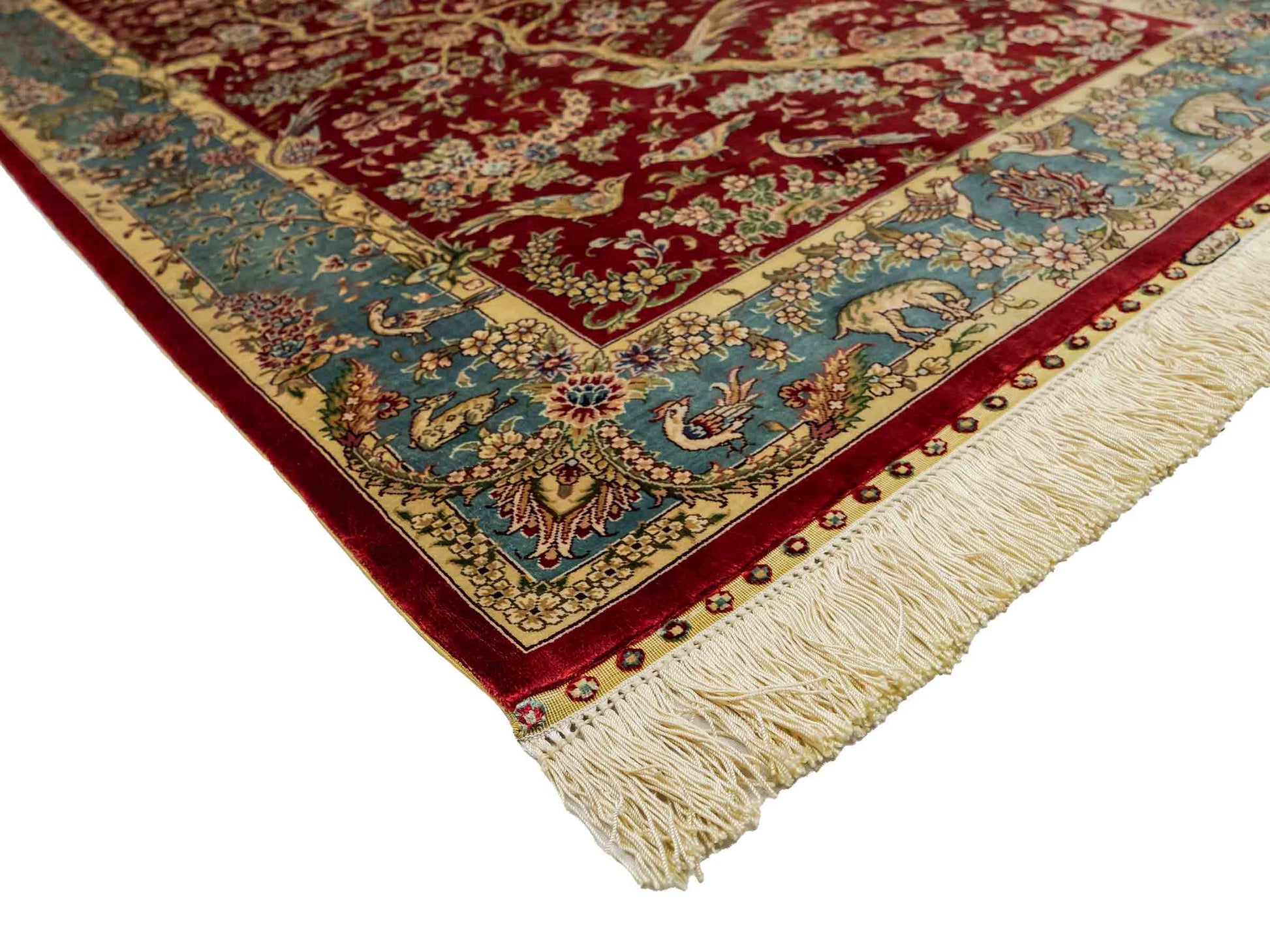 Sehr feiner, handgeknüpfter Khademi Orientteppich mit Ghom Design aus reiner Seide, rot, blau, creme. 124x79 cm. Vertrieb durch Jupiter Intl.