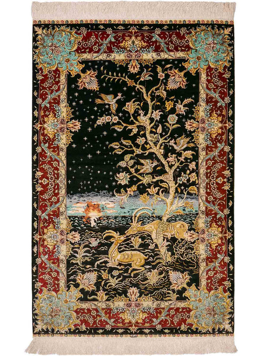 Sehr feiner, handgeknüpfter Khademi Orientteppich mit Ghom Design aus reiner Seide, schwarz, blau, rot, gold. 124x79 cm. Vertrieb durch Jupiter Intl.