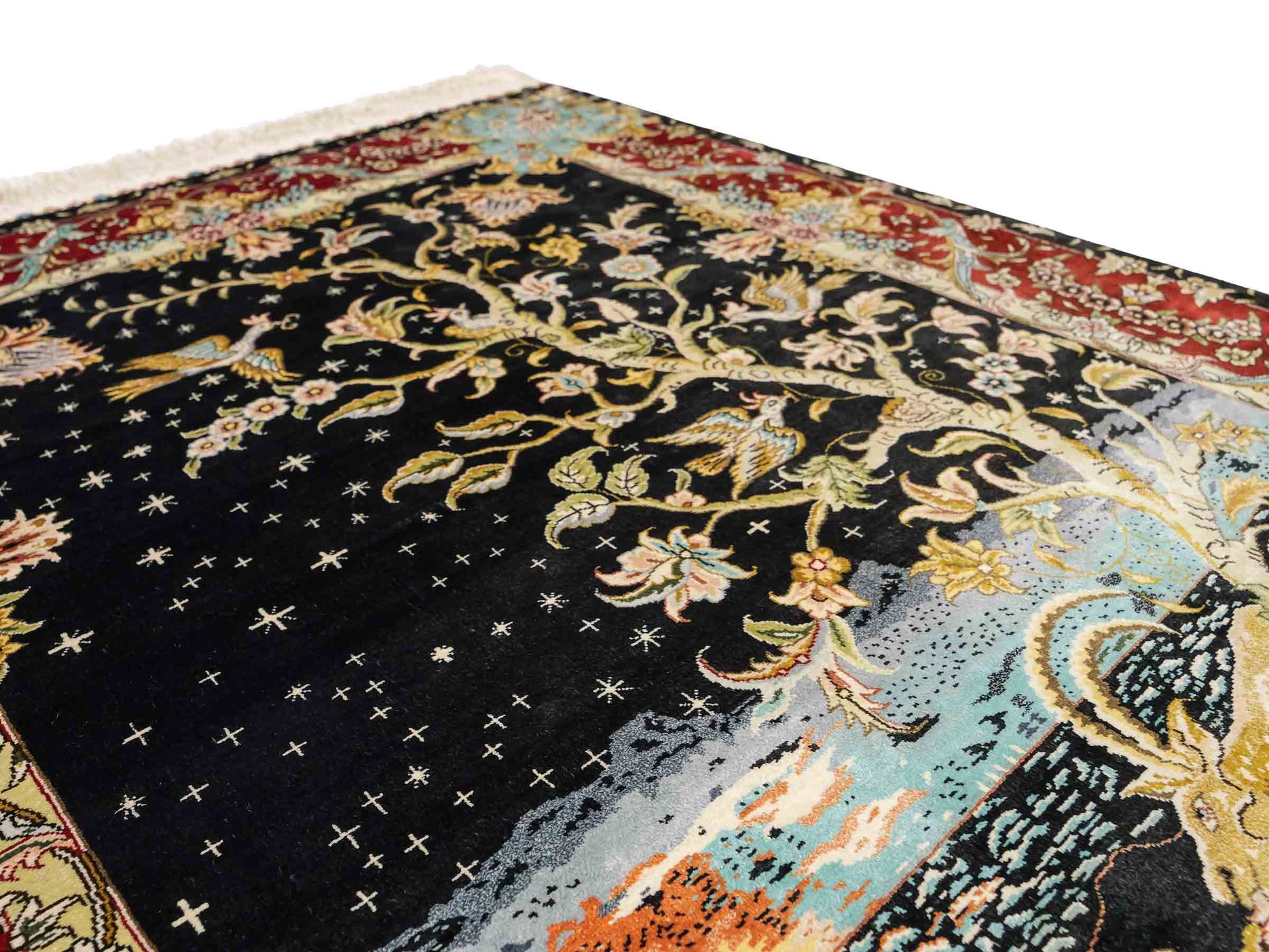Sehr feiner, handgeknüpfter Khademi Orientteppich mit Ghom Design aus reiner Seide, schwarz, blau, rot, gold. 124x79 cm. Vertrieb durch Jupiter Intl.