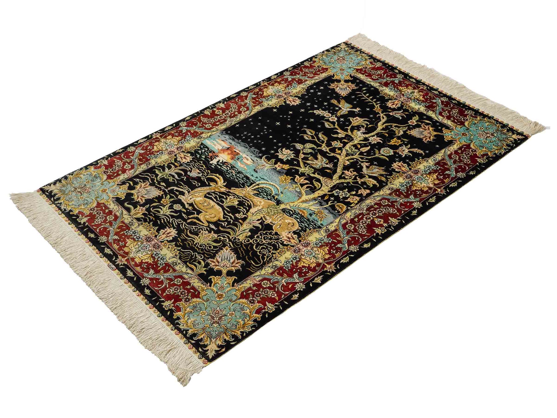 Sehr feiner, handgeknüpfter Khademi Orientteppich mit Ghom Design aus reiner Seide, schwarz, blau, rot, gold. 124x79 cm. Vertrieb durch Jupiter Intl.