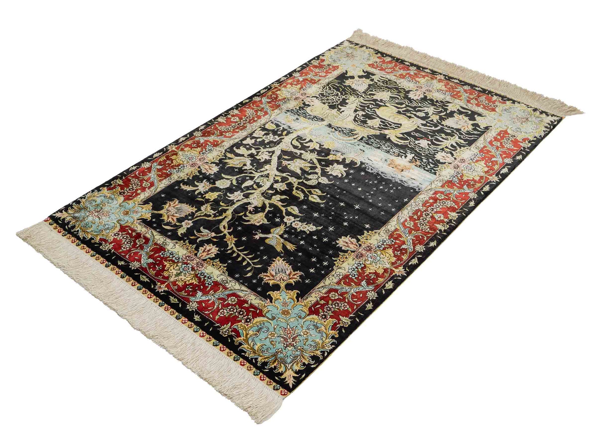 Sehr feiner, handgeknüpfter Khademi Orientteppich mit Ghom Design aus reiner Seide, schwarz, blau, rot, gold. 124x79 cm. Vertrieb durch Jupiter Intl.