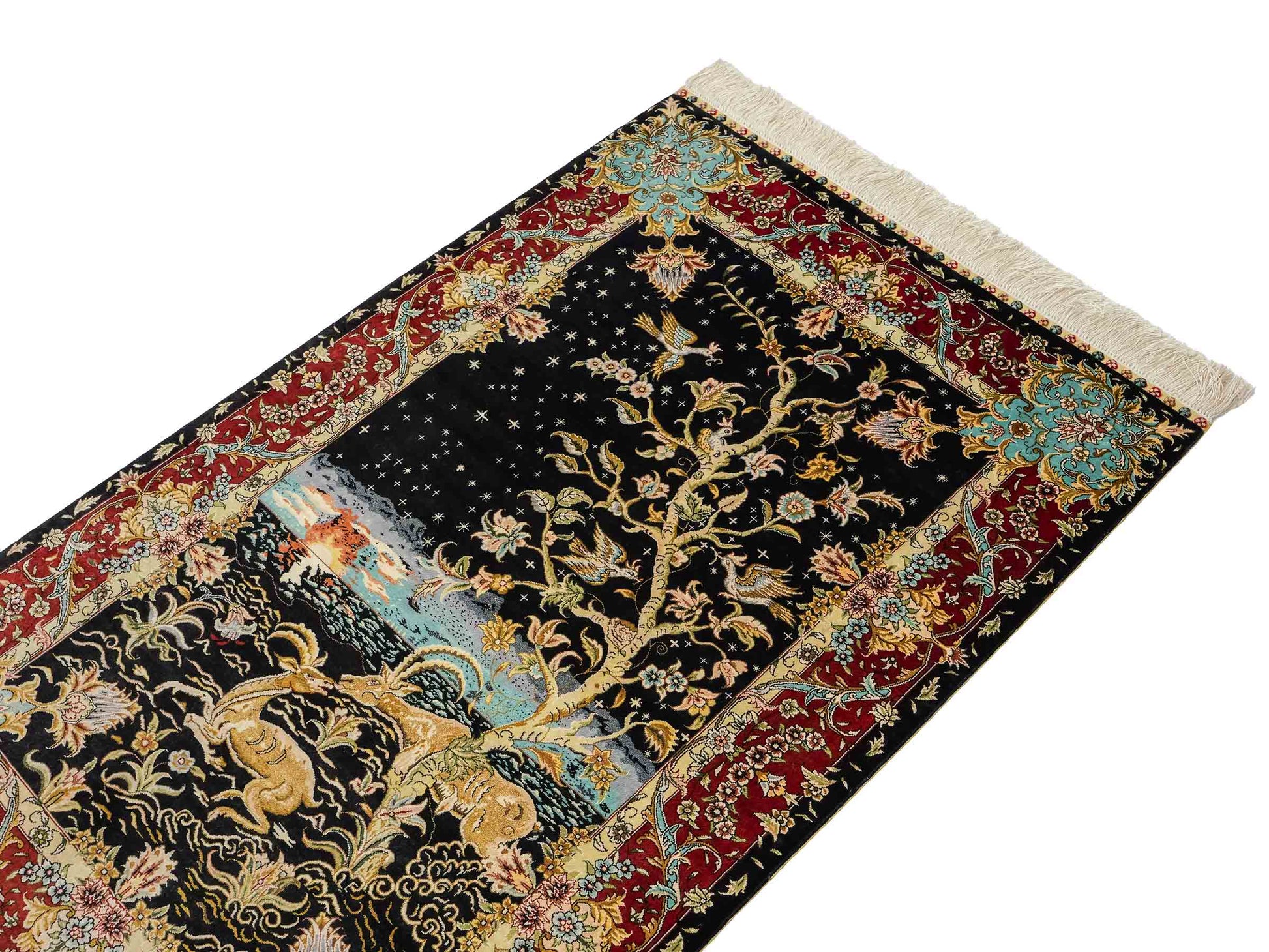 Sehr feiner, handgeknüpfter Khademi Orientteppich mit Ghom Design aus reiner Seide, schwarz, blau, rot, gold. 124x79 cm. Vertrieb durch Jupiter Intl.