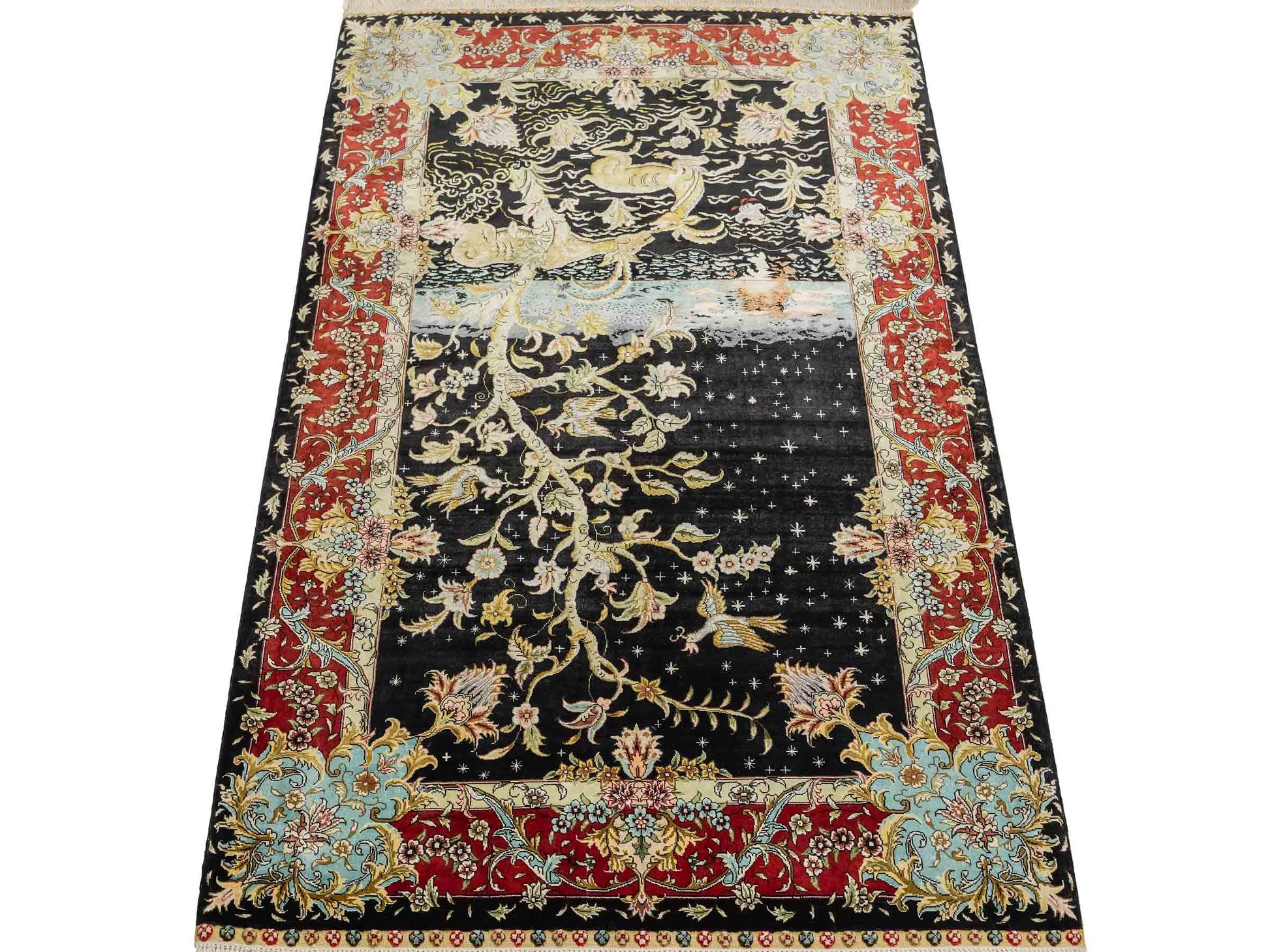 Sehr feiner, handgeknüpfter Khademi Orientteppich mit Ghom Design aus reiner Seide, schwarz, blau, rot, gold. 124x79 cm. Vertrieb durch Jupiter Intl.