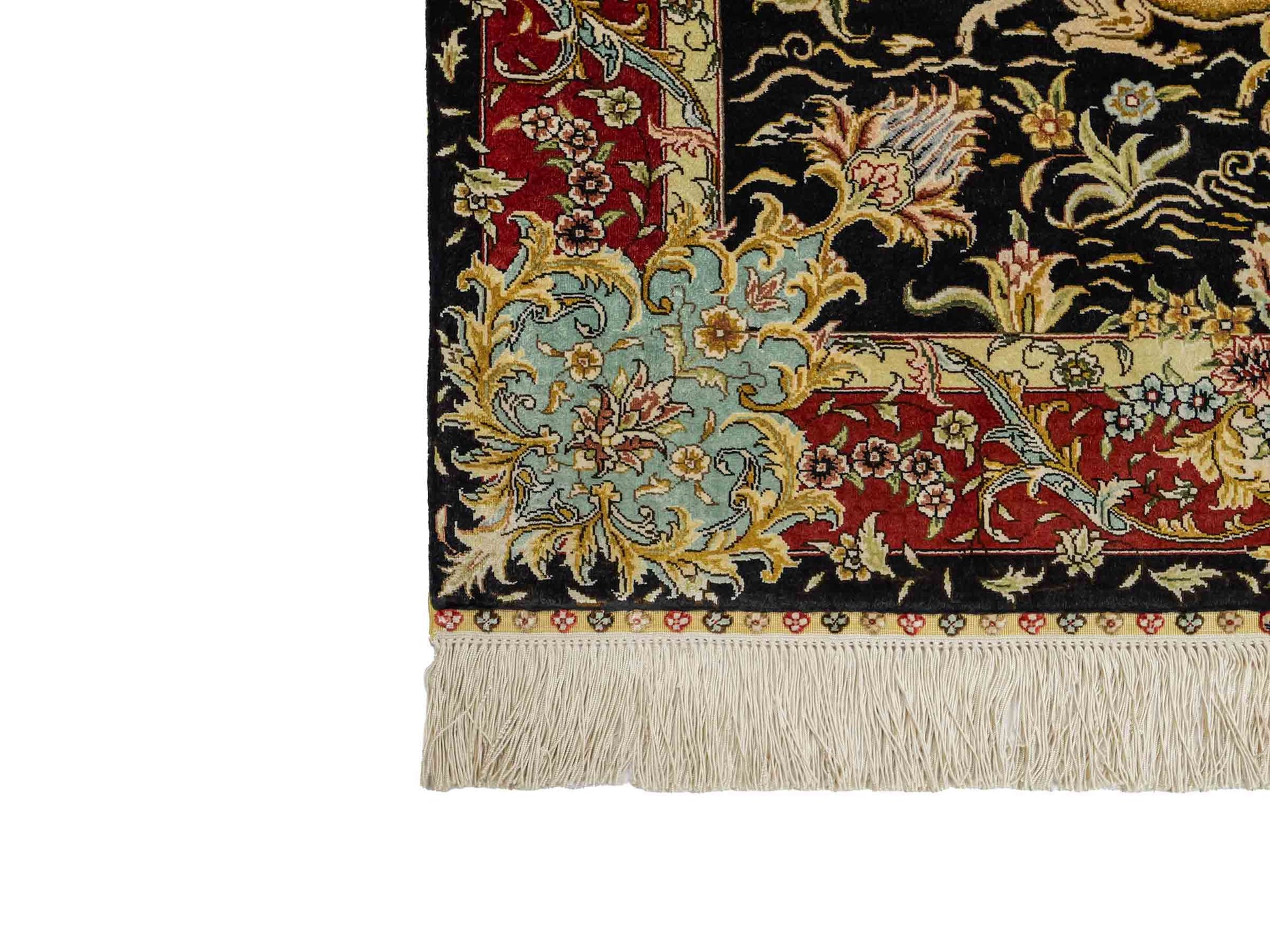 Sehr feiner, handgeknüpfter Khademi Orientteppich mit Ghom Design aus reiner Seide, schwarz, blau, rot, gold. 124x79 cm. Vertrieb durch Jupiter Intl.