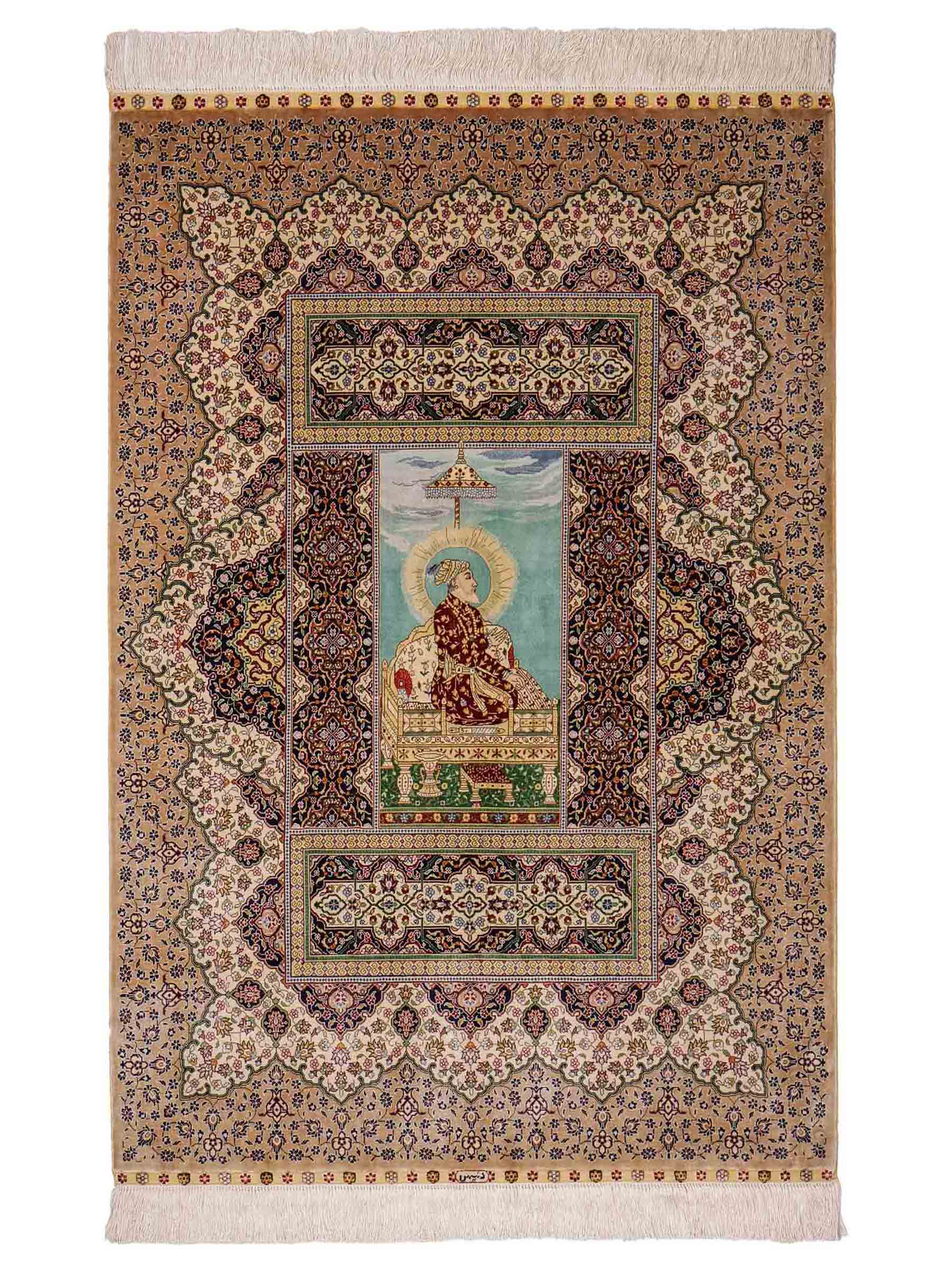 Sehr feiner, handgeknüpfter Khademi Ghom Orientteppich aus Seide, beige, braun, creme. 130x94 cm. Vertrieb durch Jupiter Intl.