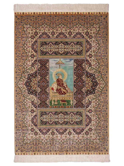 Sehr feiner, handgeknüpfter Khademi Ghom Orientteppich aus Seide, beige, braun, creme. 130x94 cm. Vertrieb durch Jupiter Intl.