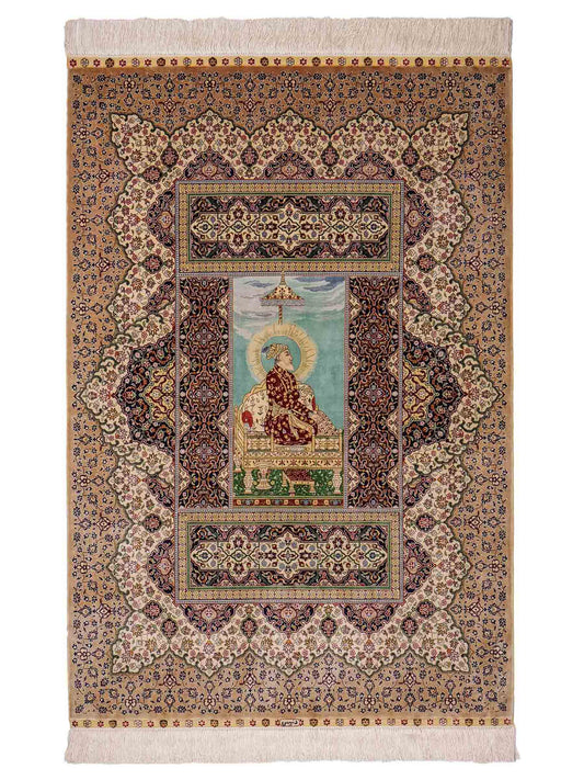 Sehr feiner, handgeknüpfter Khademi Ghom Orientteppich aus Seide, beige, braun, creme. 130x94 cm. Vertrieb durch Jupiter Intl.