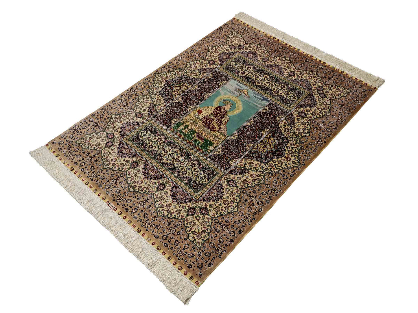 Sehr feiner, handgeknüpfter Khademi Ghom Orientteppich aus Seide, beige, braun, creme. 130x94 cm. Vertrieb durch Jupiter Intl.