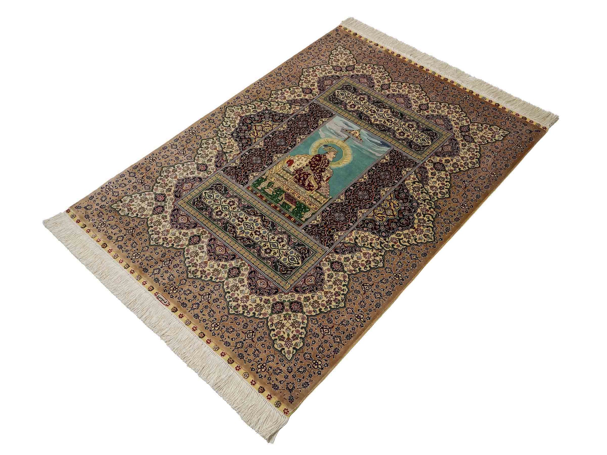 Sehr feiner, handgeknüpfter Khademi Ghom Orientteppich aus Seide, beige, braun, creme. 130x94 cm. Vertrieb durch Jupiter Intl.
