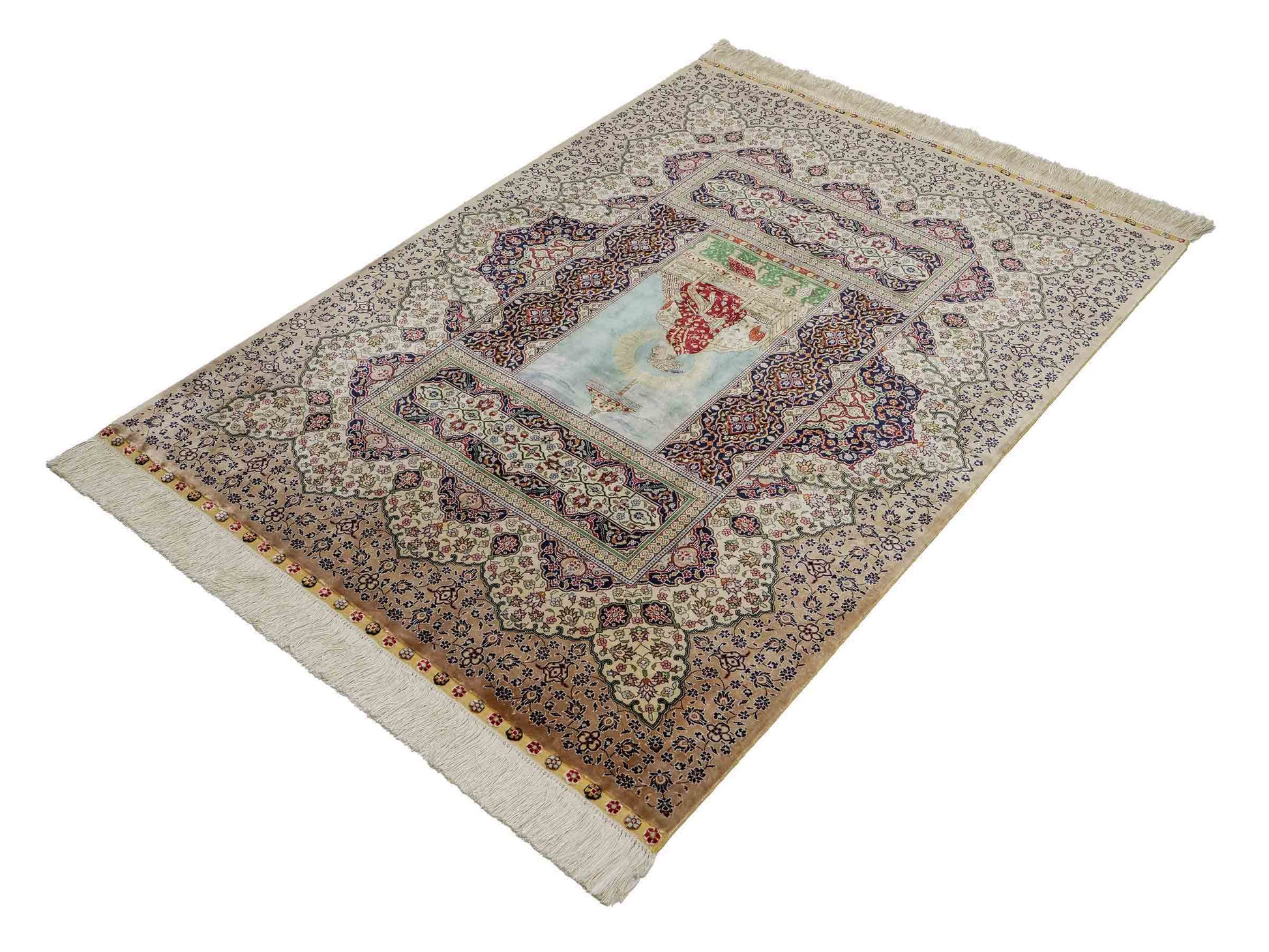 Sehr feiner, handgeknüpfter Khademi Ghom Orientteppich aus Seide, beige, braun, creme. 130x94 cm. Vertrieb durch Jupiter Intl.
