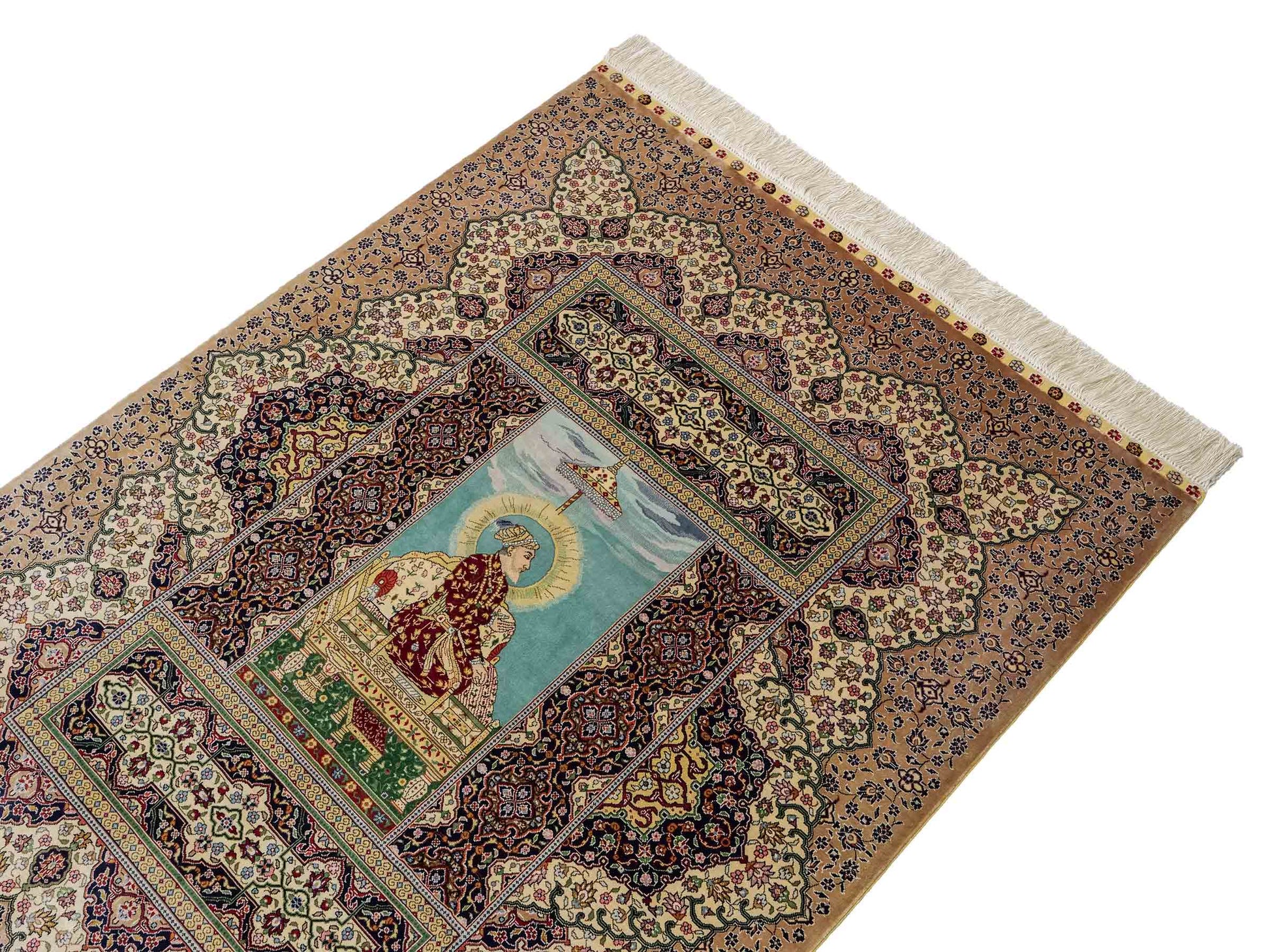 Sehr feiner, handgeknüpfter Khademi Ghom Orientteppich aus Seide, beige, braun, creme. 130x94 cm. Vertrieb durch Jupiter Intl.