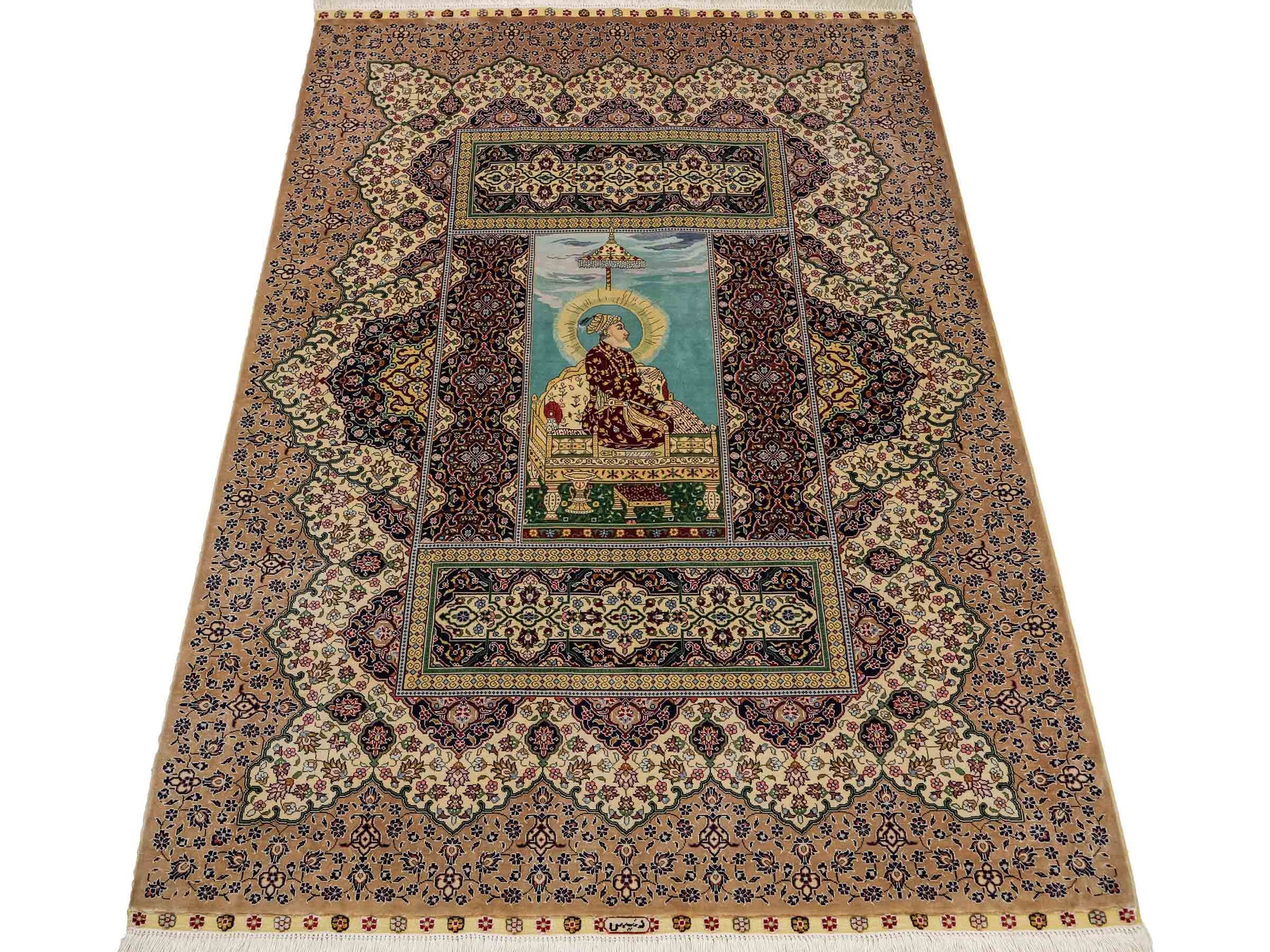 Sehr feiner, handgeknüpfter Khademi Ghom Orientteppich aus Seide, beige, braun, creme. 130x94 cm. Vertrieb durch Jupiter Intl.