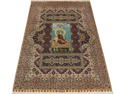 Sehr feiner, handgeknüpfter Khademi Ghom Orientteppich aus Seide, beige, braun, creme. 130x94 cm. Vertrieb durch Jupiter Intl.