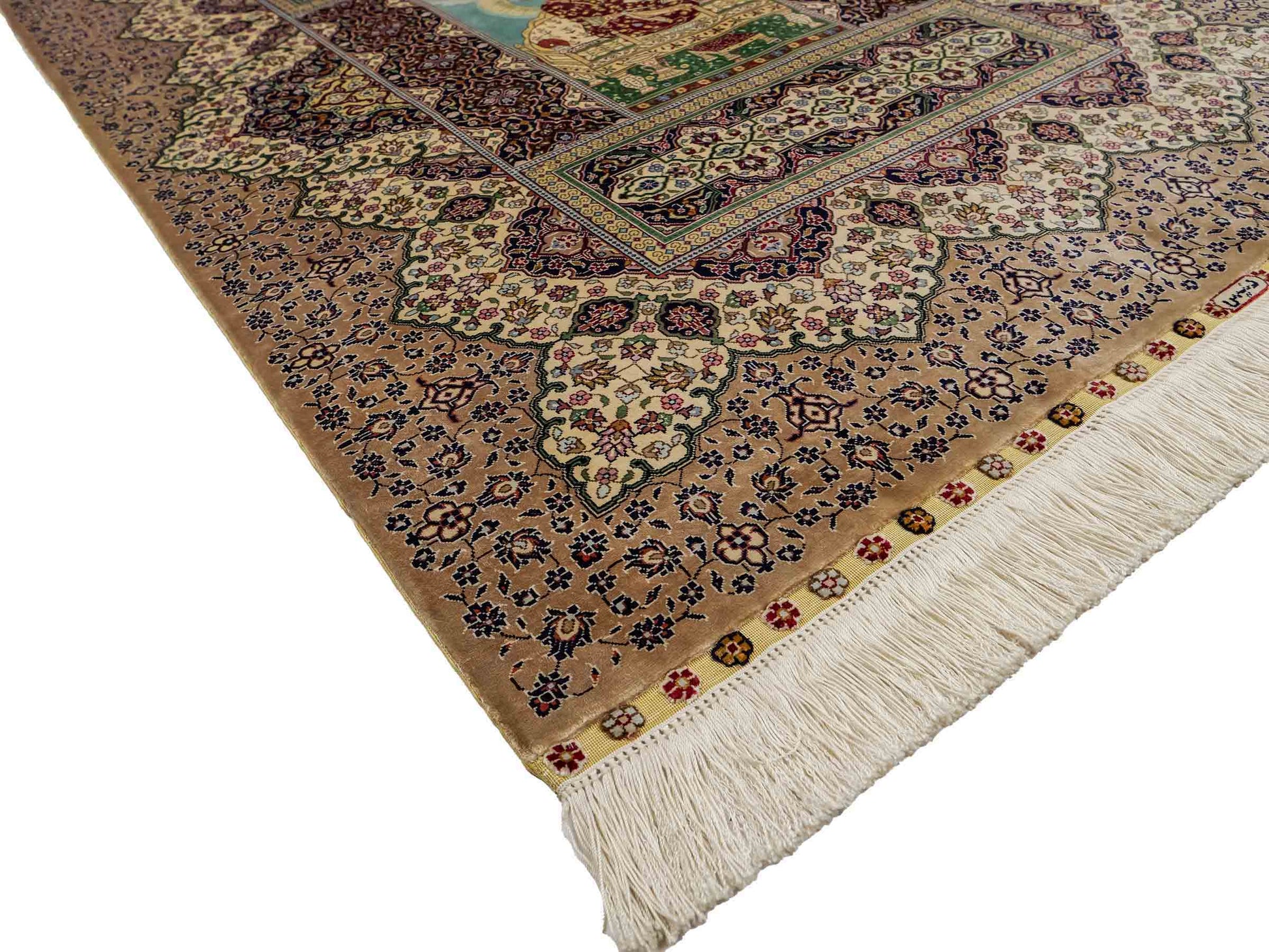 Sehr feiner, handgeknüpfter Khademi Ghom Orientteppich aus Seide, beige, braun, creme. 130x94 cm. Vertrieb durch Jupiter Intl.