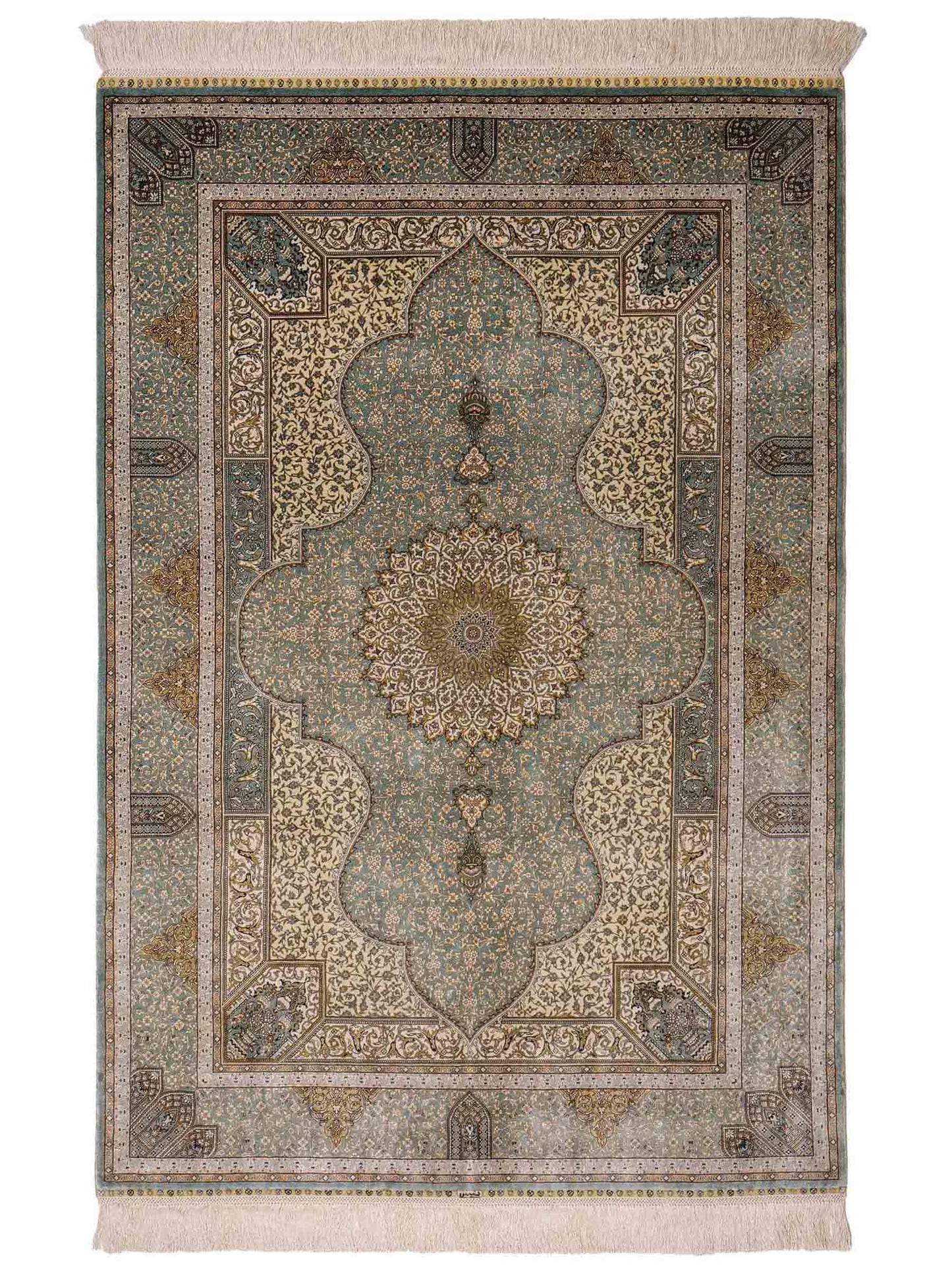 Extrem feiner, handgeknüpfter Khademi Orientteppich mit Ghom Design aus purer Seide, blau, multicolor. 139x93 cm. Vertrieb durch Jupiter Intl.
