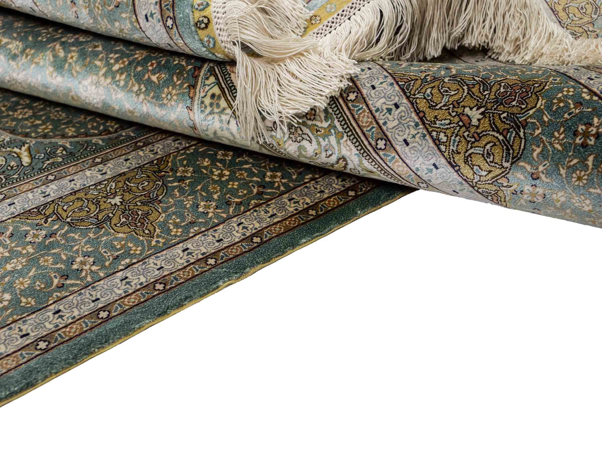 Extrem feiner, handgeknüpfter Khademi Orientteppich mit Ghom Design aus purer Seide, blau, multicolor. 139x93 cm. Vertrieb durch Jupiter Intl.