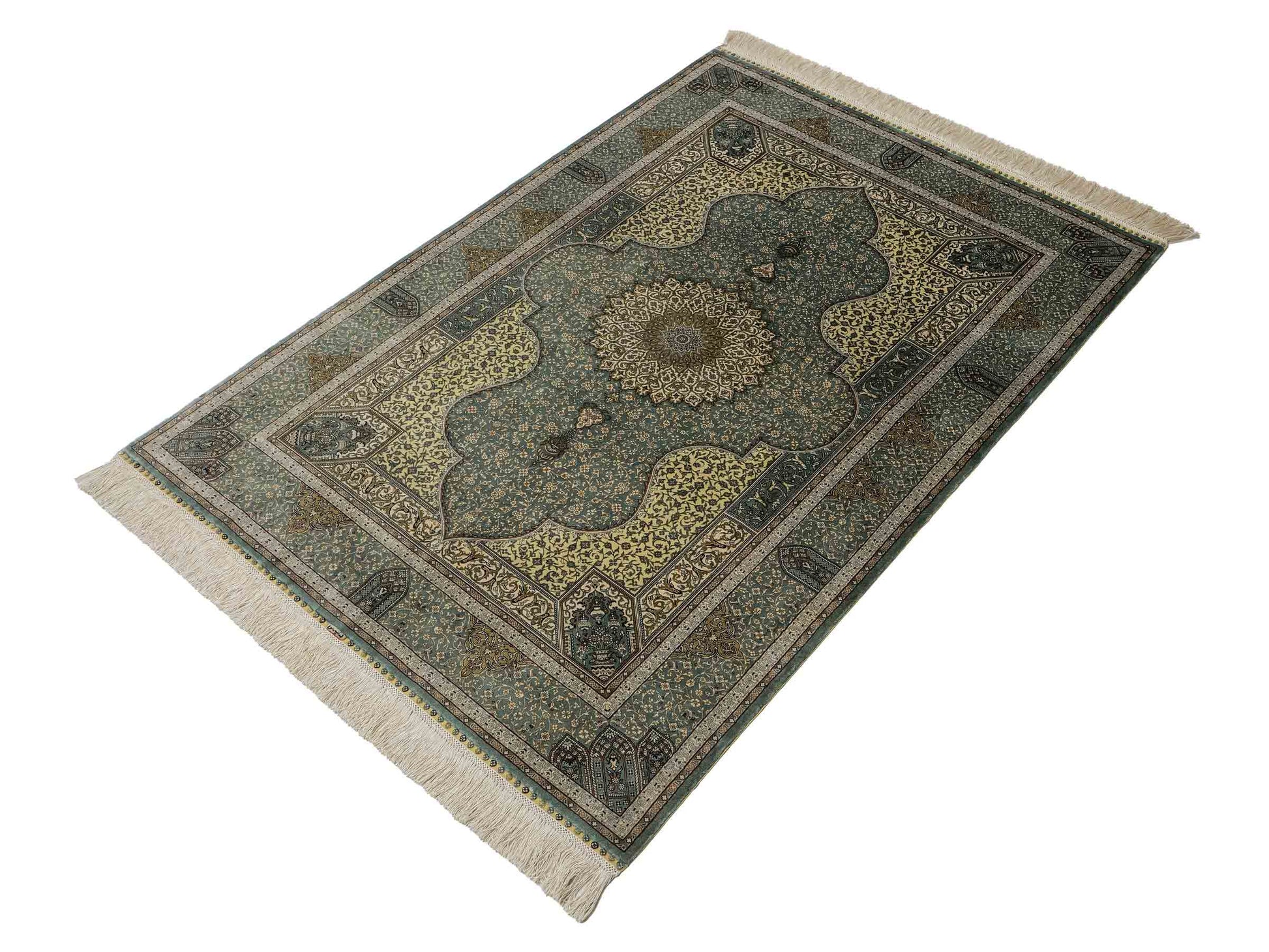 Extrem feiner, handgeknüpfter Khademi Orientteppich mit Ghom Design aus purer Seide, blau, multicolor. 139x93 cm. Vertrieb durch Jupiter Intl.