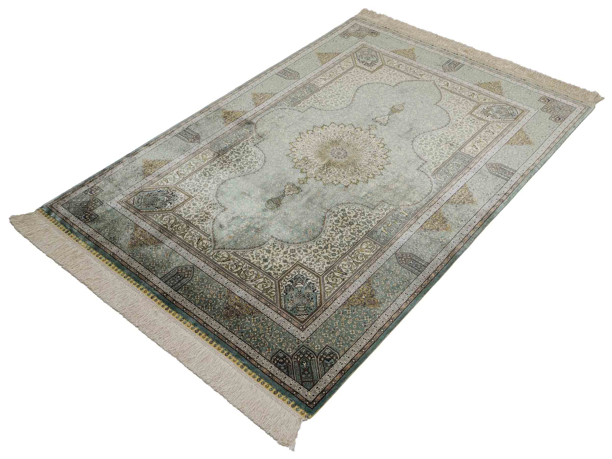 Extrem feiner, handgeknüpfter Khademi Orientteppich mit Ghom Design aus purer Seide, blau, multicolor. 139x93 cm. Vertrieb durch Jupiter Intl.