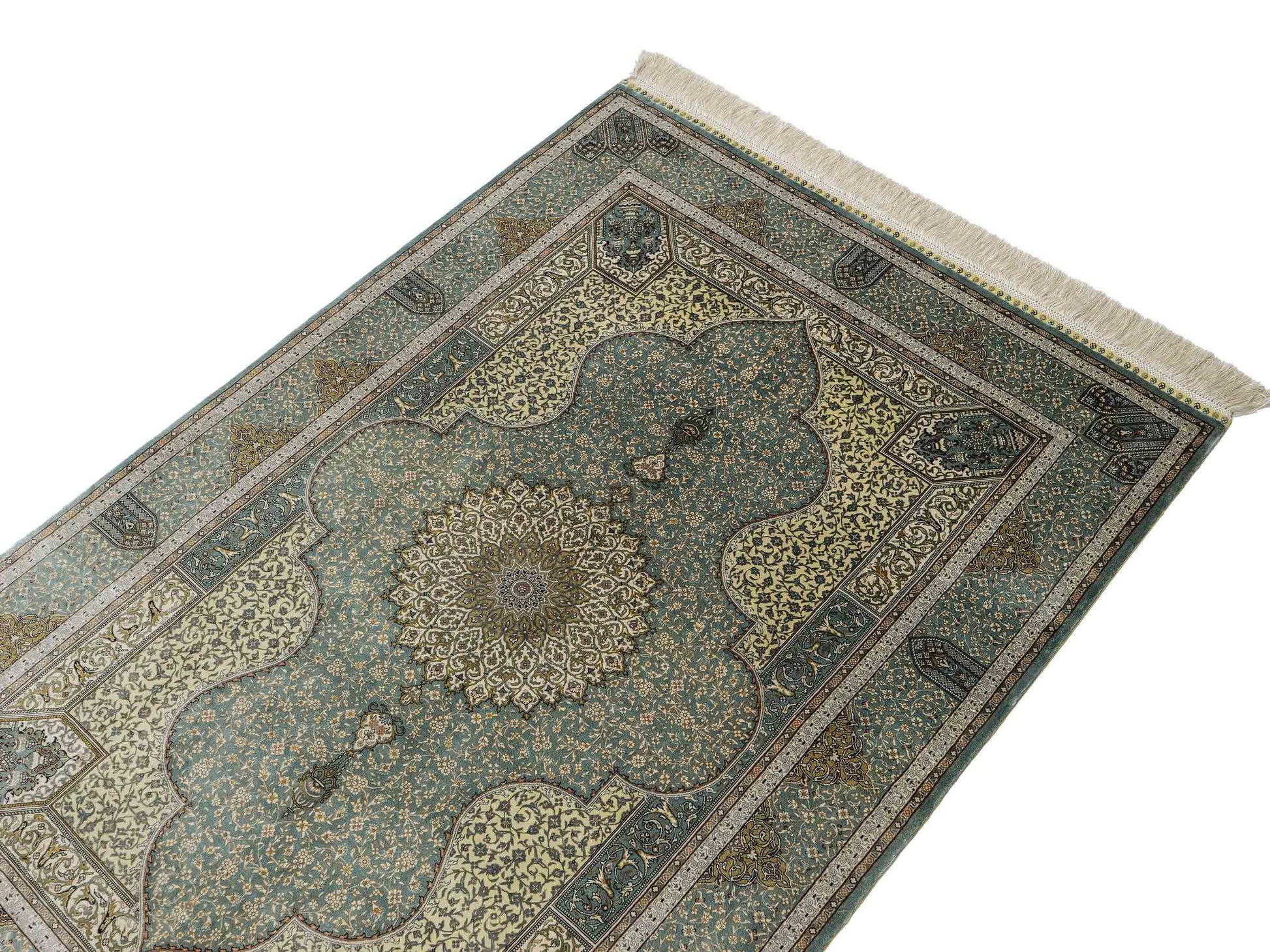 Extrem feiner, handgeknüpfter Khademi Orientteppich mit Ghom Design aus purer Seide, blau, multicolor. 139x93 cm. Vertrieb durch Jupiter Intl.