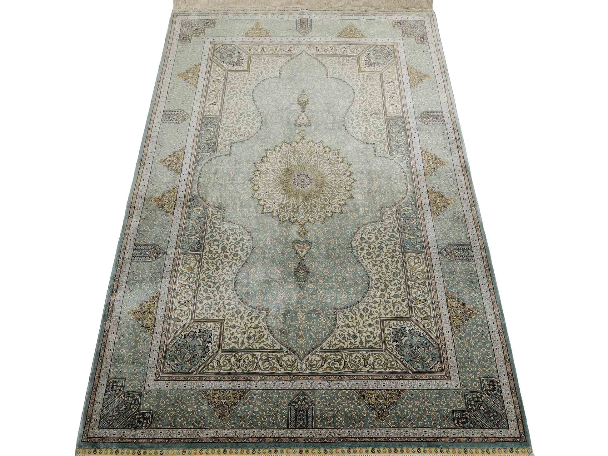Extrem feiner, handgeknüpfter Khademi Orientteppich mit Ghom Design aus purer Seide, blau, multicolor. 139x93 cm. Vertrieb durch Jupiter Intl.