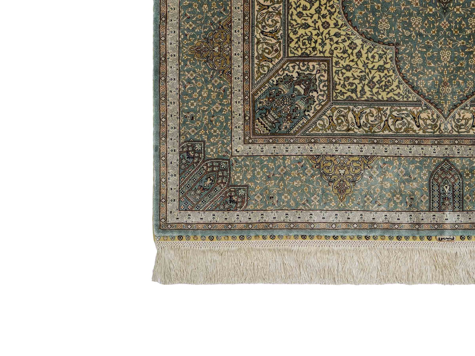 Extrem feiner, handgeknüpfter Khademi Orientteppich mit Ghom Design aus purer Seide, blau, multicolor. 139x93 cm. Vertrieb durch Jupiter Intl.