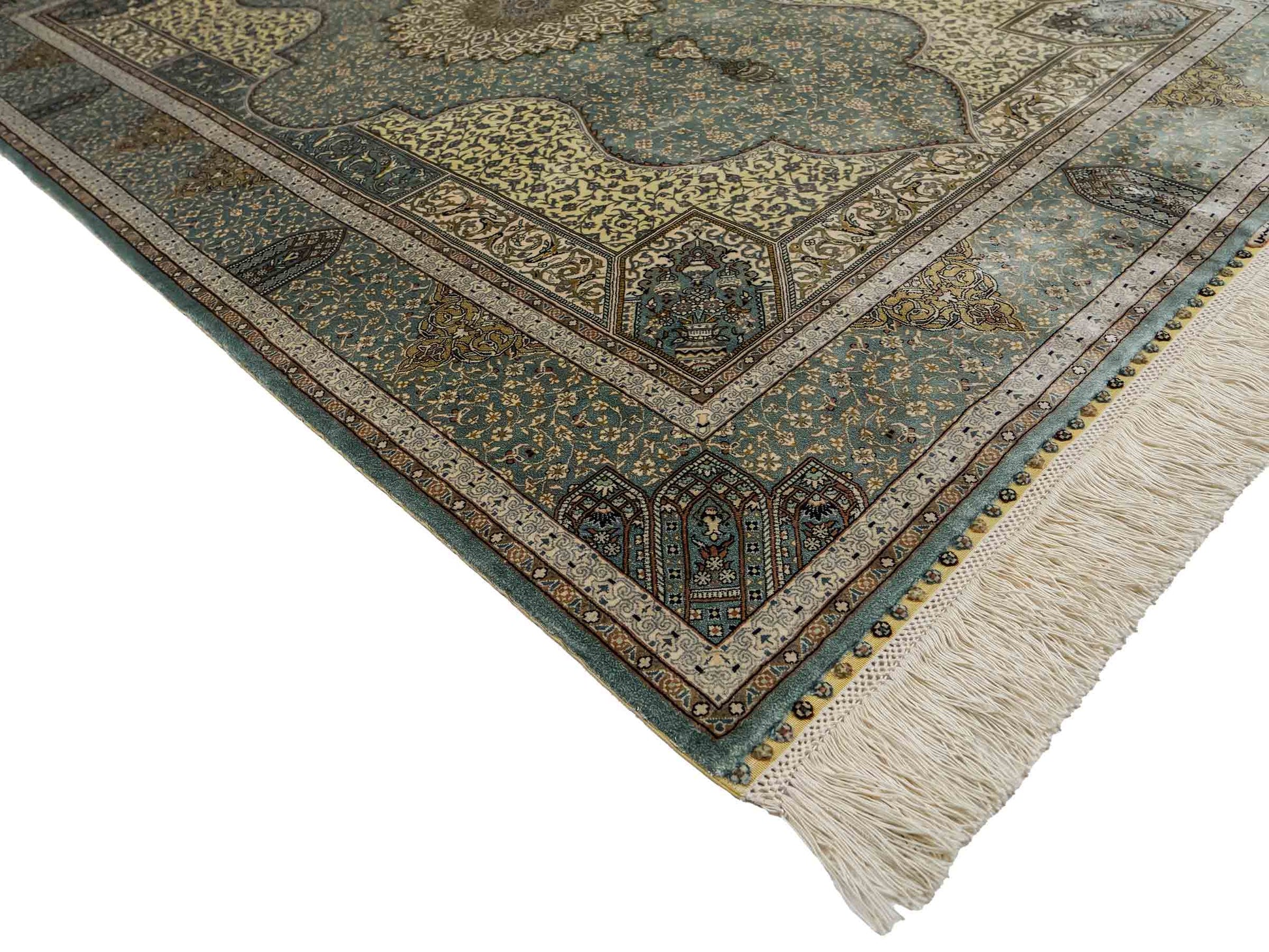 Extrem feiner, handgeknüpfter Khademi Orientteppich mit Ghom Design aus purer Seide, blau, multicolor. 139x93 cm. Vertrieb durch Jupiter Intl.