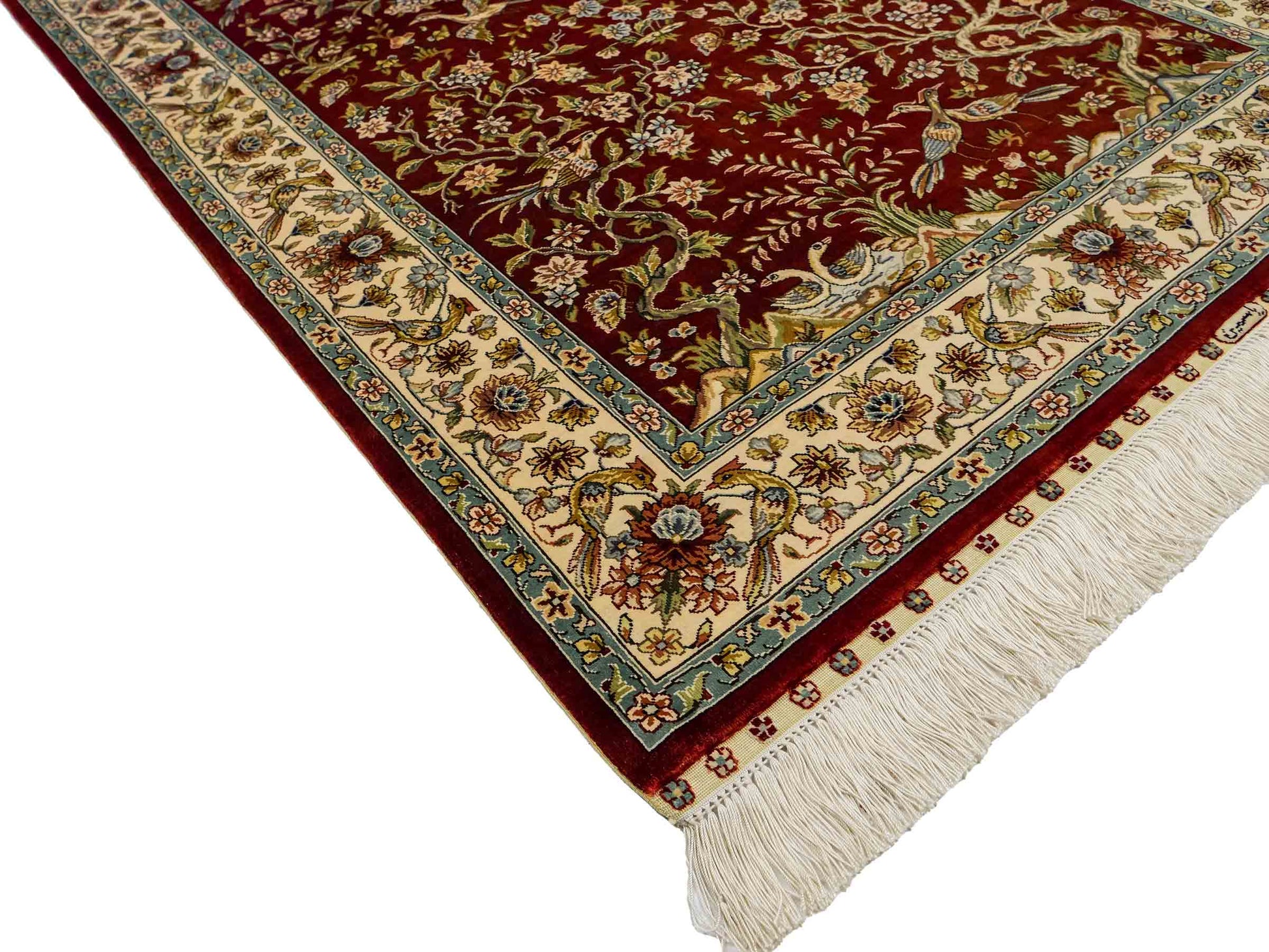 Sehr feiner, handgeknüpfter Khademi Ghom Orientteppich aus Seide, rot, creme. 139x94 cm. Vertrieb durch Jupiter Intl.