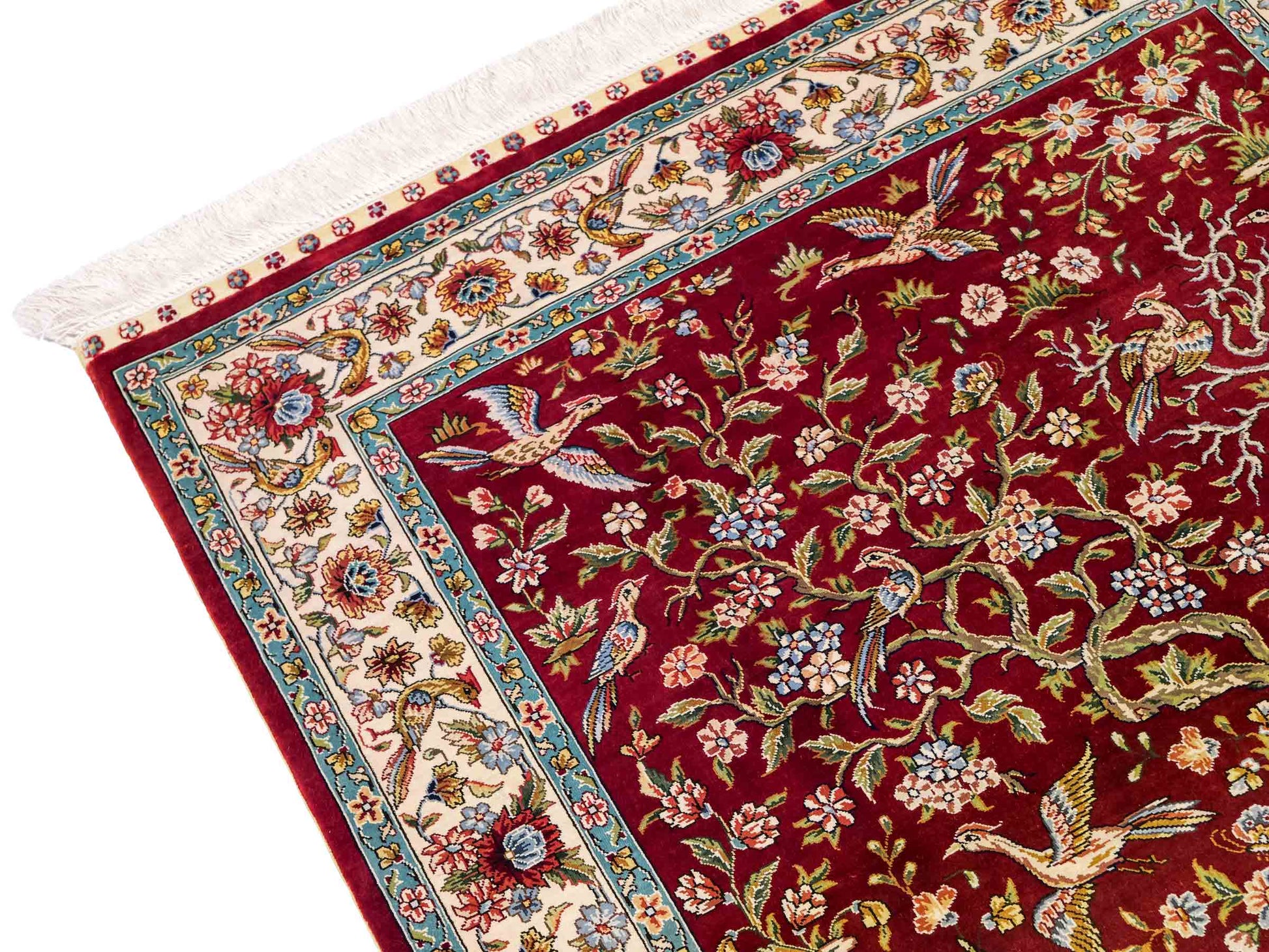 Sehr feiner, handgeknüpfter Khademi Ghom Orientteppich aus Seide, rot, creme. 139x94 cm. Vertrieb durch Jupiter Intl.