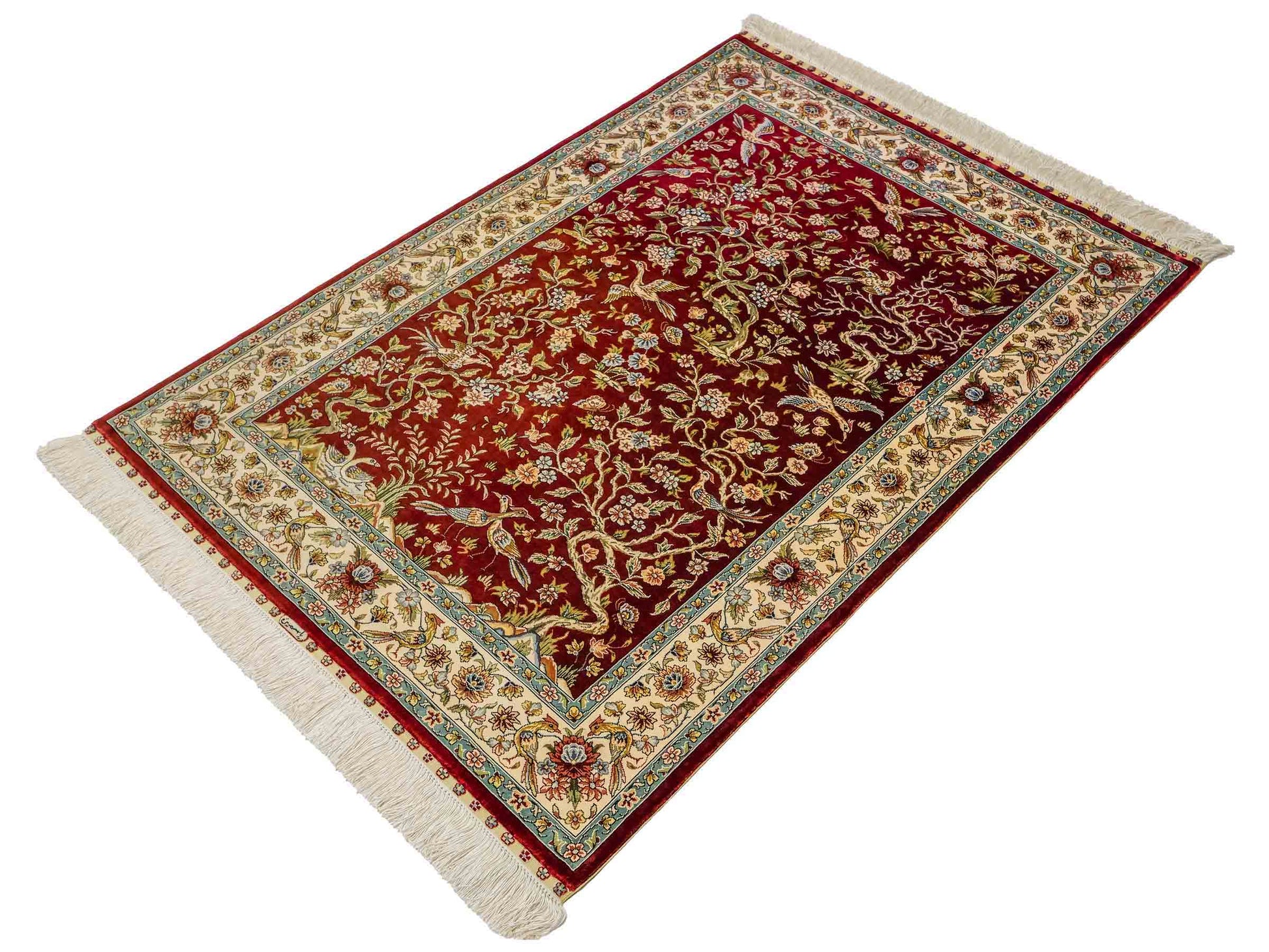 Sehr feiner, handgeknüpfter Khademi Ghom Orientteppich aus Seide, rot, creme. 139x94 cm. Vertrieb durch Jupiter Intl.