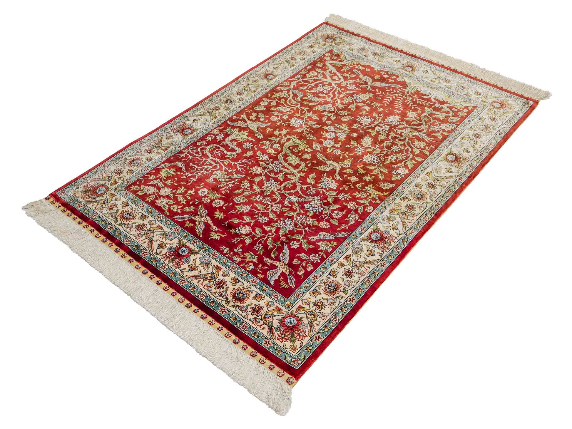 Sehr feiner, handgeknüpfter Khademi Ghom Orientteppich aus Seide, rot, creme. 139x94 cm. Vertrieb durch Jupiter Intl.