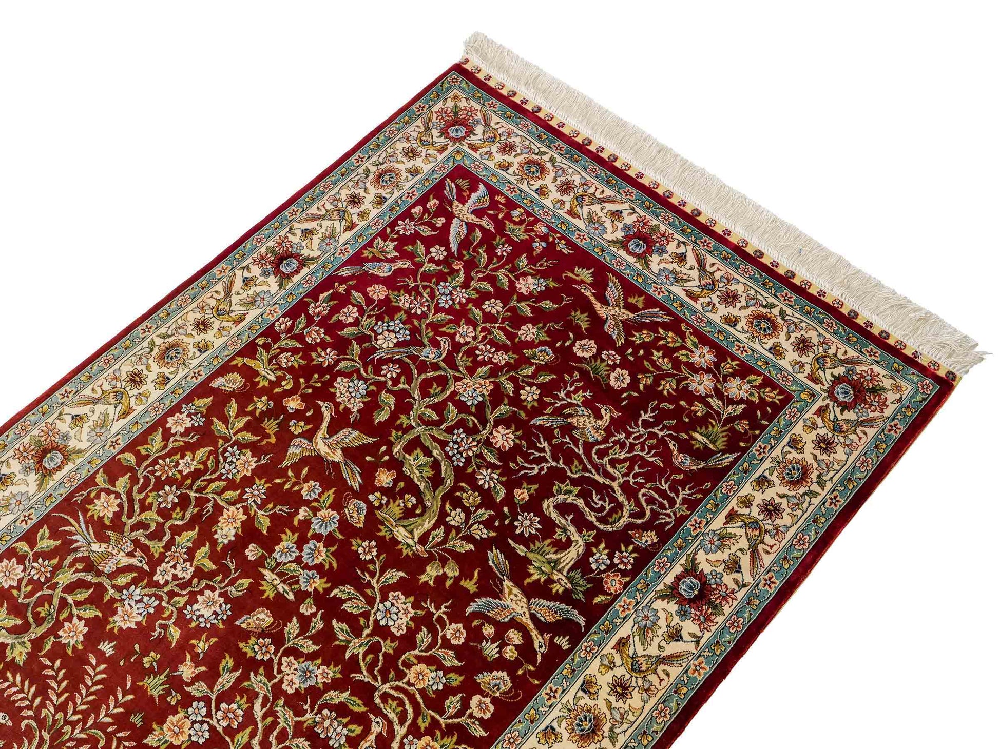 Sehr feiner, handgeknüpfter Khademi Ghom Orientteppich aus Seide, rot, creme. 139x94 cm. Vertrieb durch Jupiter Intl.