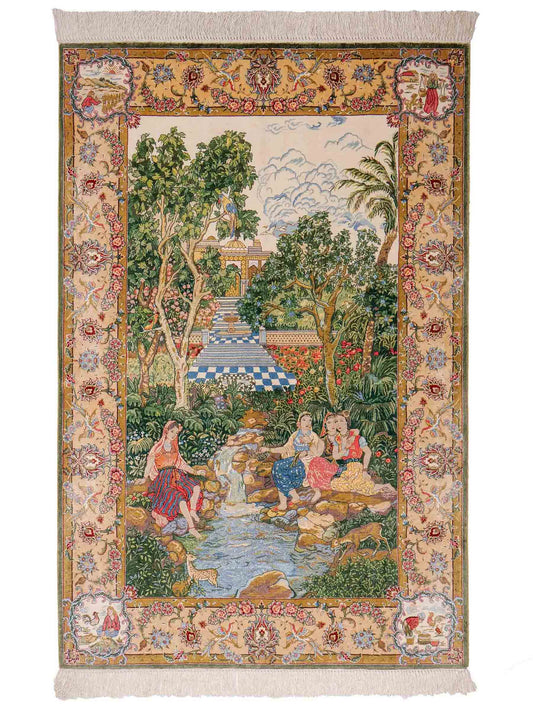 Sehr feiner, handgeknüpfter Khademi Ghom Orientteppich aus Seide, grün. 139x95 cm. Vertrieb durch Jupiter Intl.