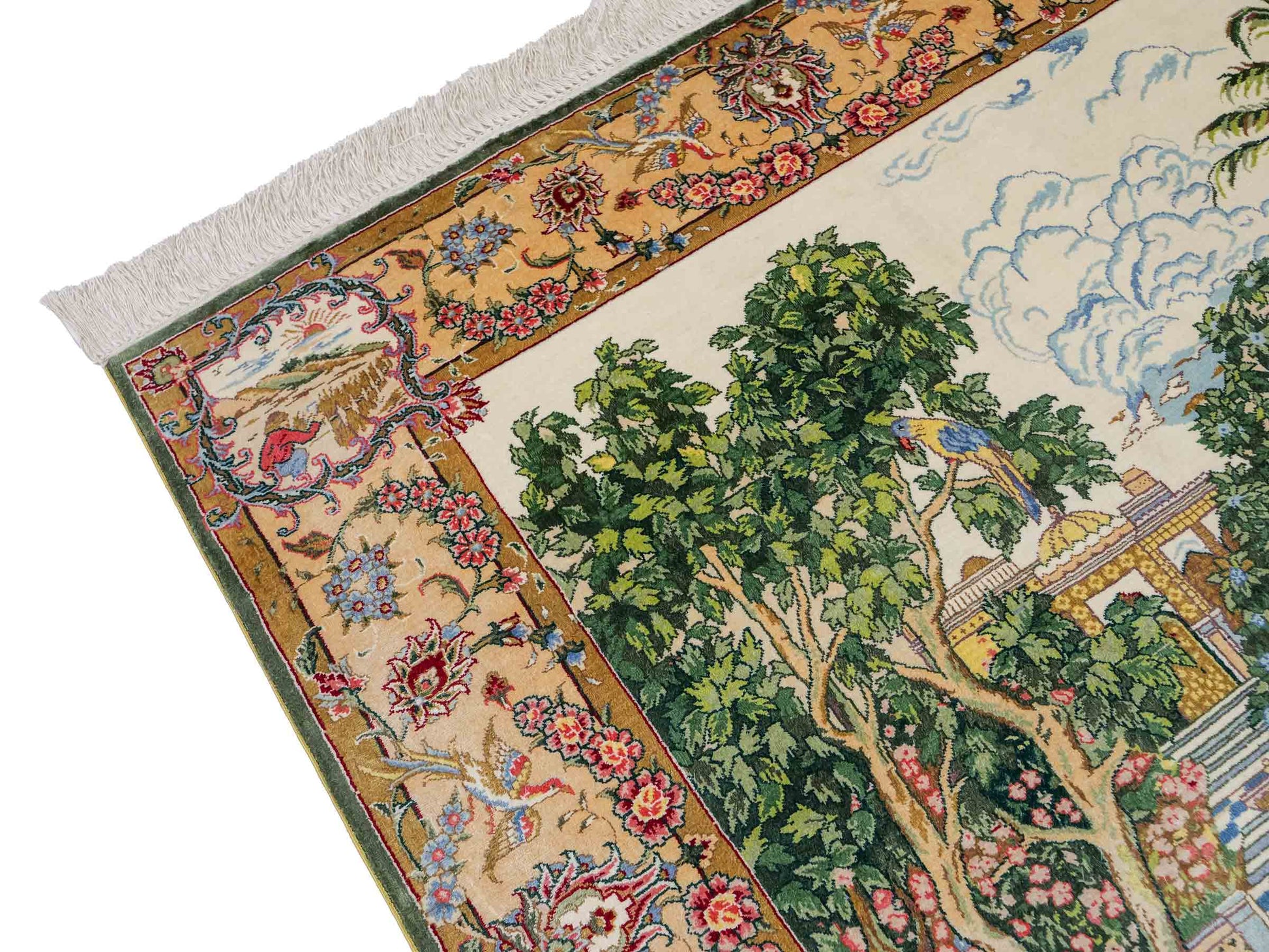 Sehr feiner, handgeknüpfter Khademi Ghom Orientteppich aus Seide, grün. 139x95 cm. Vertrieb durch Jupiter Intl.