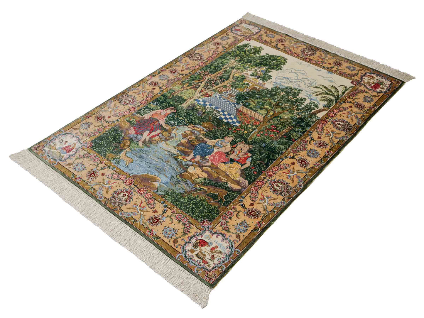 Sehr feiner, handgeknüpfter Khademi Ghom Orientteppich aus Seide, grün. 139x95 cm. Vertrieb durch Jupiter Intl.