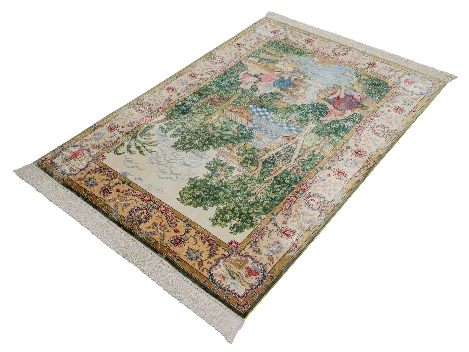 Sehr feiner, handgeknüpfter Khademi Ghom Orientteppich aus Seide, grün. 139x95 cm. Vertrieb durch Jupiter Intl.