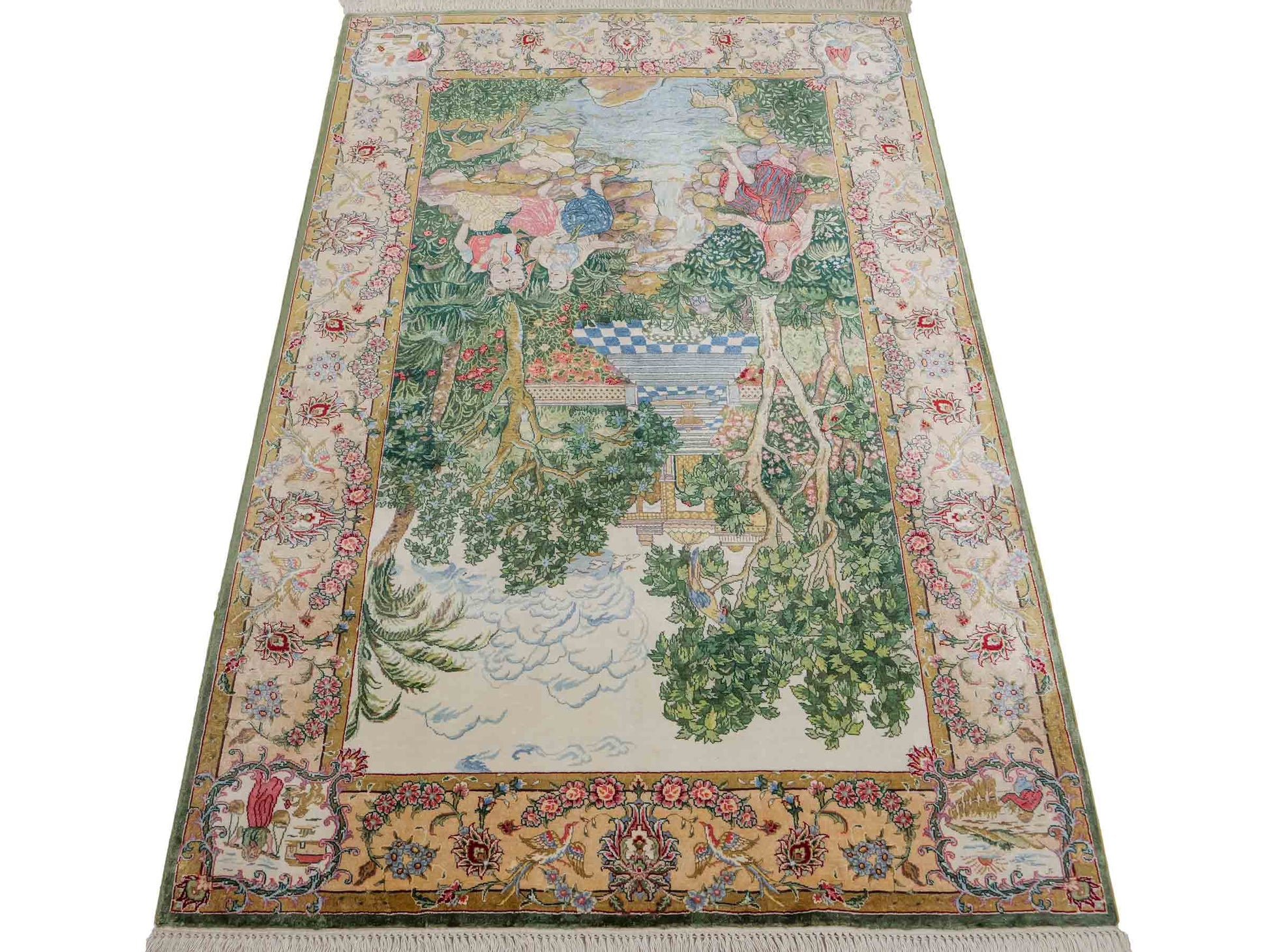 Sehr feiner, handgeknüpfter Khademi Ghom Orientteppich aus Seide, grün. 139x95 cm. Vertrieb durch Jupiter Intl.