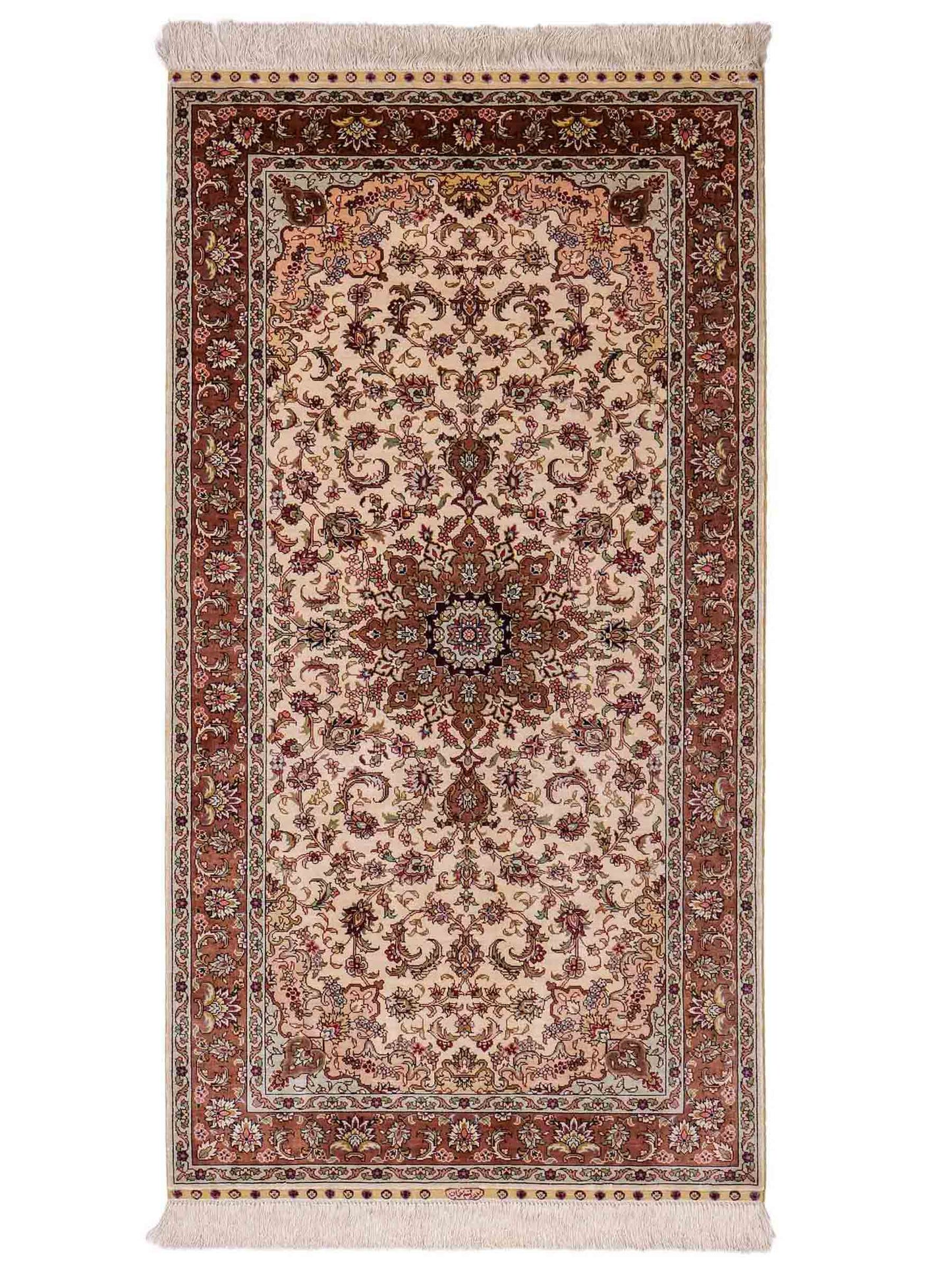 Sehr feiner, handgeknüpfter Khademi Läufer Orientteppich mit Ghom Design aus reiner Seide, creme, rosa. 140x71 cm. Vertrieb durch Jupiter Intl.