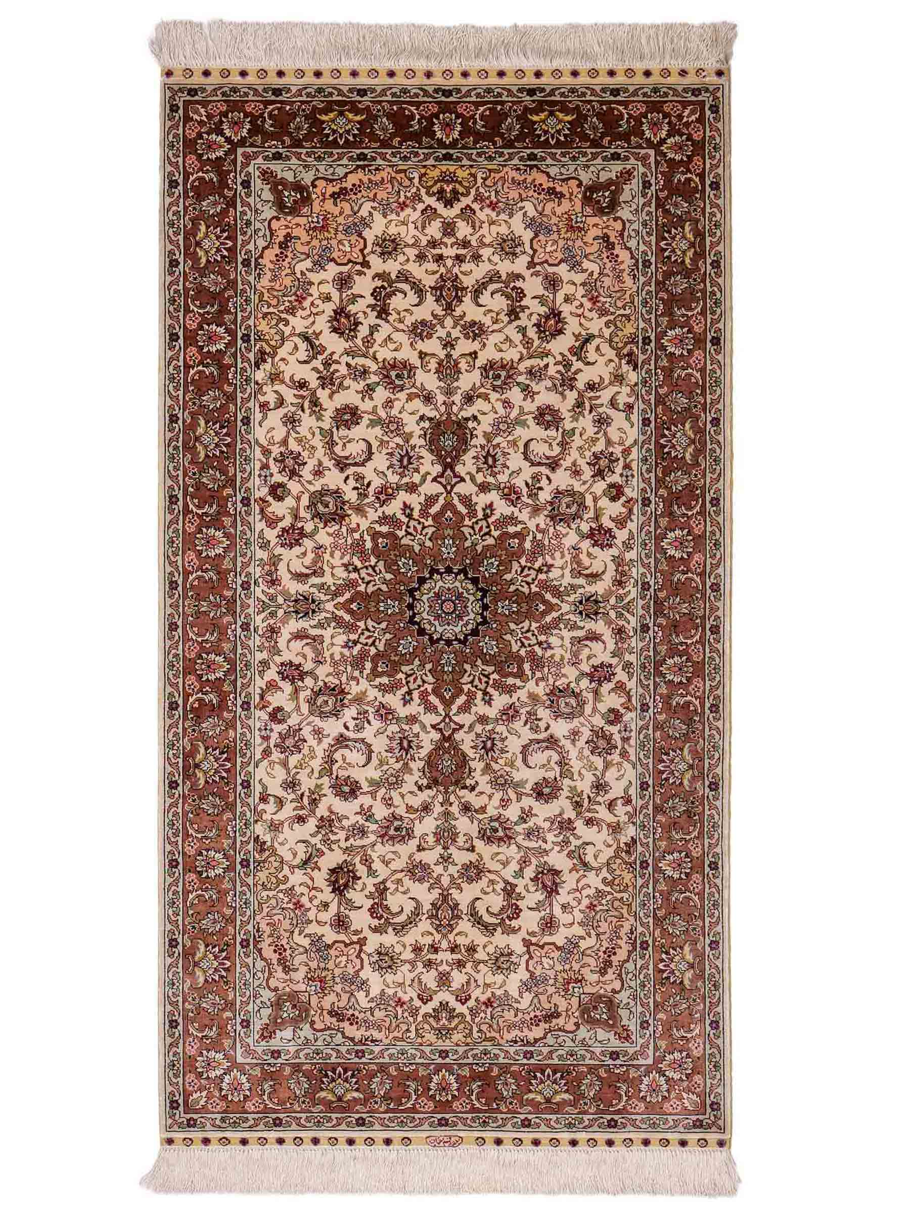 Sehr feiner, handgeknüpfter Khademi Läufer Orientteppich mit Ghom Design aus reiner Seide, creme, rosa. 140x71 cm. Vertrieb durch Jupiter Intl.