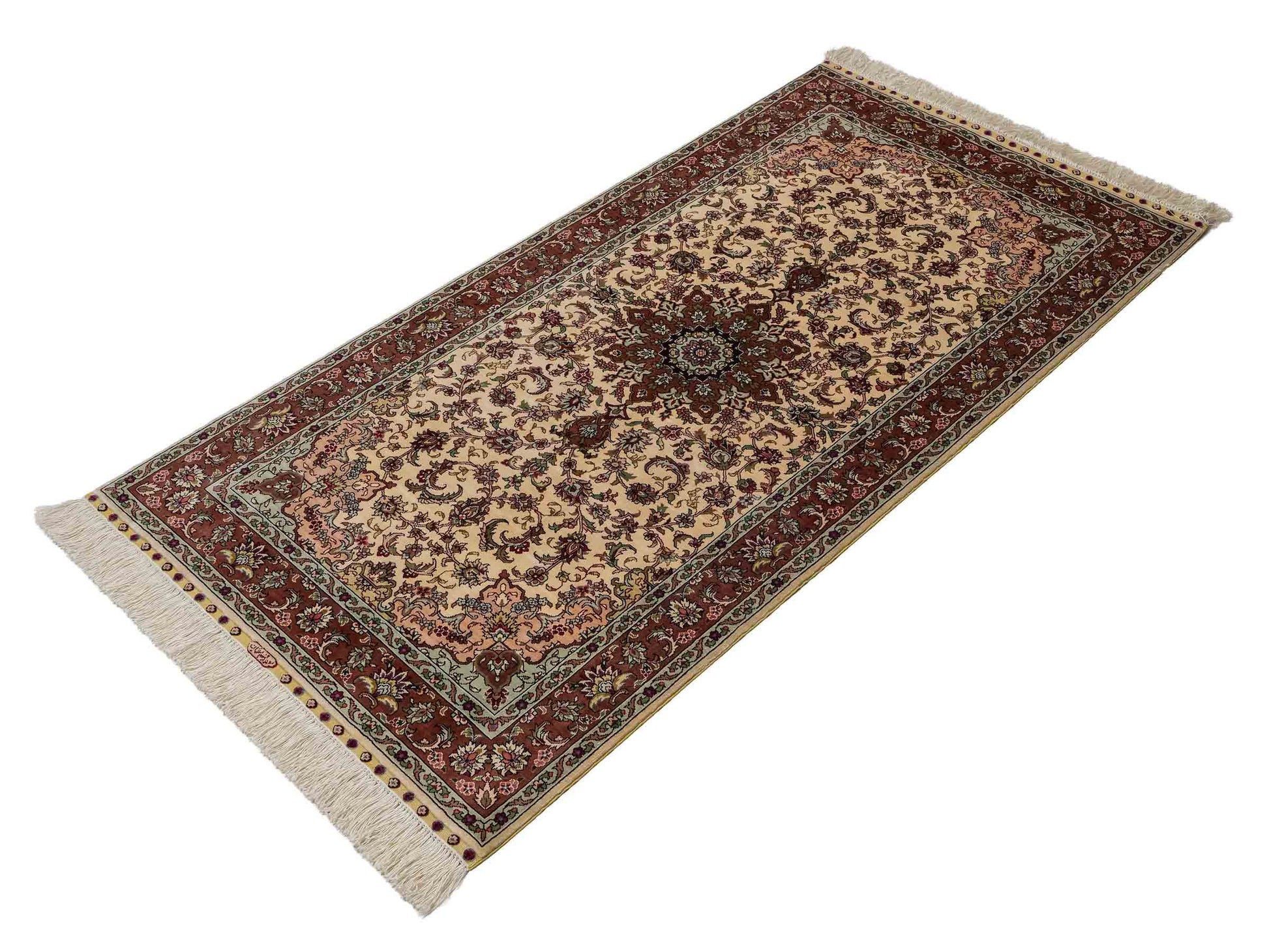 Sehr feiner, handgeknüpfter Khademi Läufer Orientteppich mit Ghom Design aus reiner Seide, creme, rosa. 140x71 cm. Vertrieb durch Jupiter Intl.