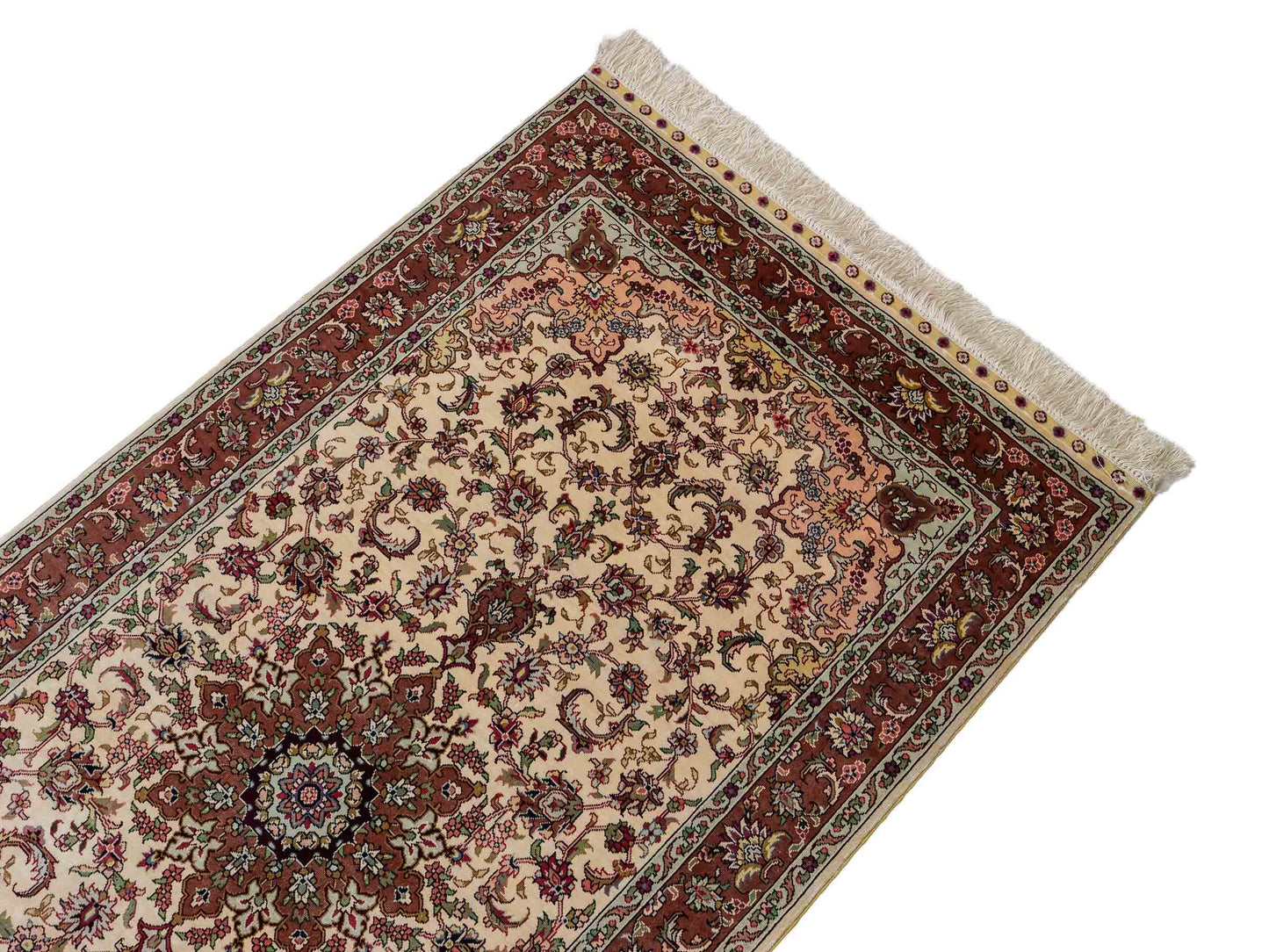 Sehr feiner, handgeknüpfter Khademi Läufer Orientteppich mit Ghom Design aus reiner Seide, creme, rosa. 140x71 cm. Vertrieb durch Jupiter Intl.