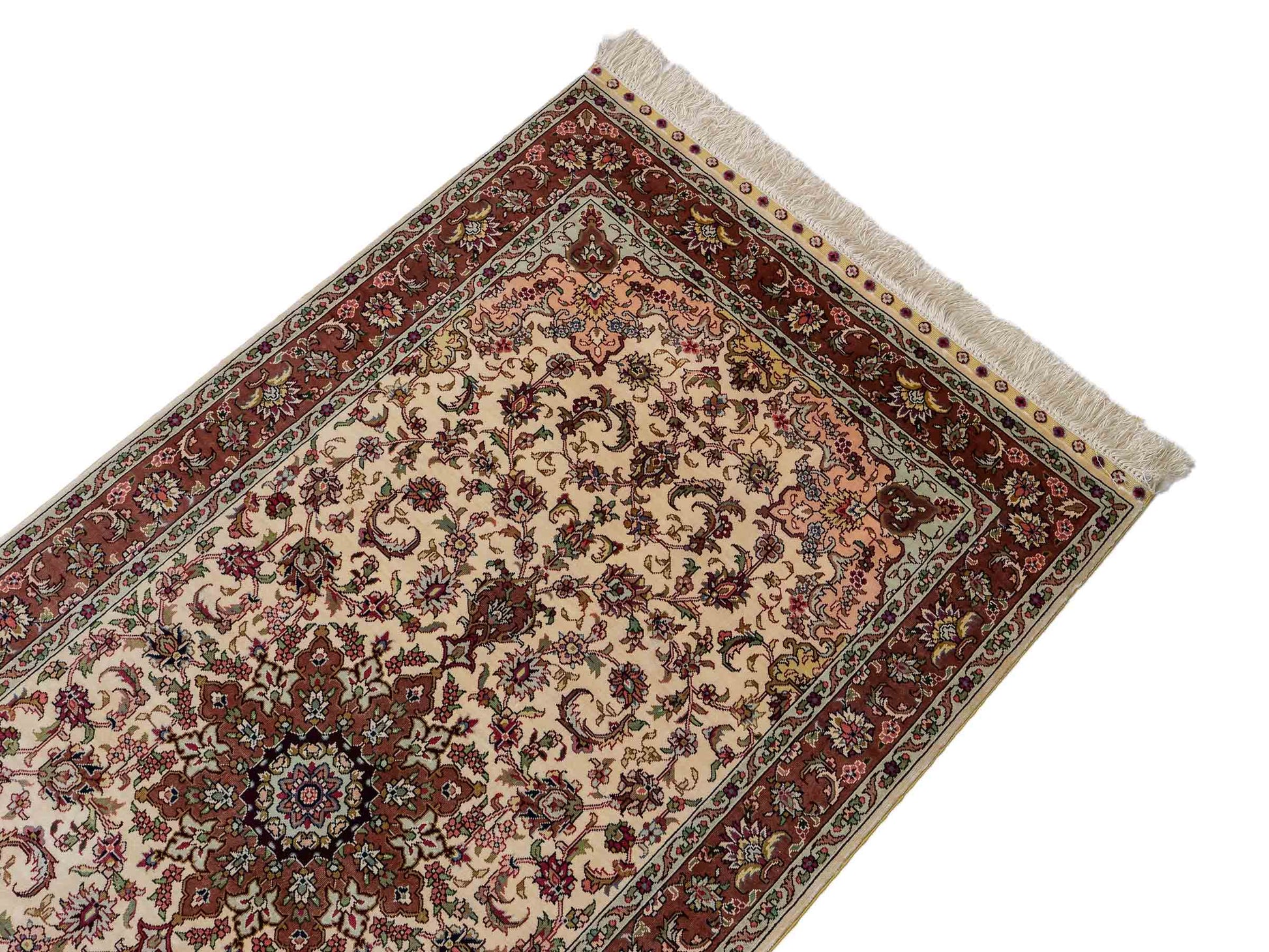 Sehr feiner, handgeknüpfter Khademi Läufer Orientteppich mit Ghom Design aus reiner Seide, creme, rosa. 140x71 cm. Vertrieb durch Jupiter Intl.