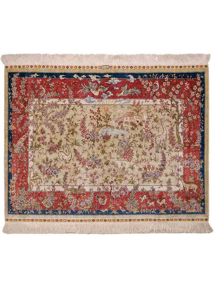 Sehr feiner, handgeknüpfter, chinesischer Ghom Orientteppich aus Seide, creme, rosa, blau. 140x93 cm. Verkauf durch Jupiter Intl.
