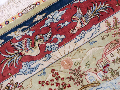 Sehr feiner, handgeknüpfter, chinesischer Ghom Orientteppich aus Seide, creme, rosa, blau. 140x93 cm. Verkauf durch Jupiter Intl.