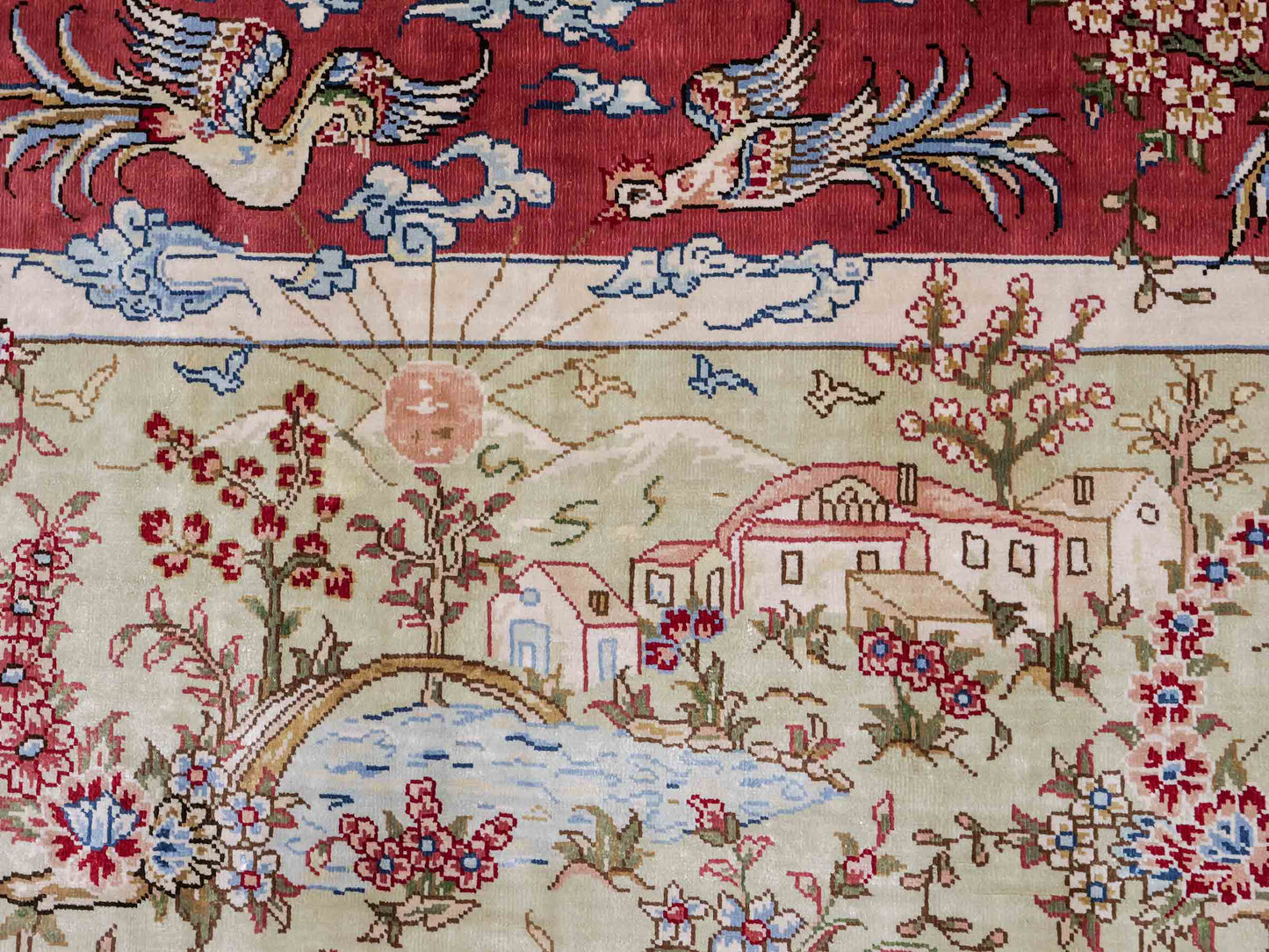 Sehr feiner, handgeknüpfter, chinesischer Ghom Orientteppich aus Seide, creme, rosa, blau. 140x93 cm. Verkauf durch Jupiter Intl.