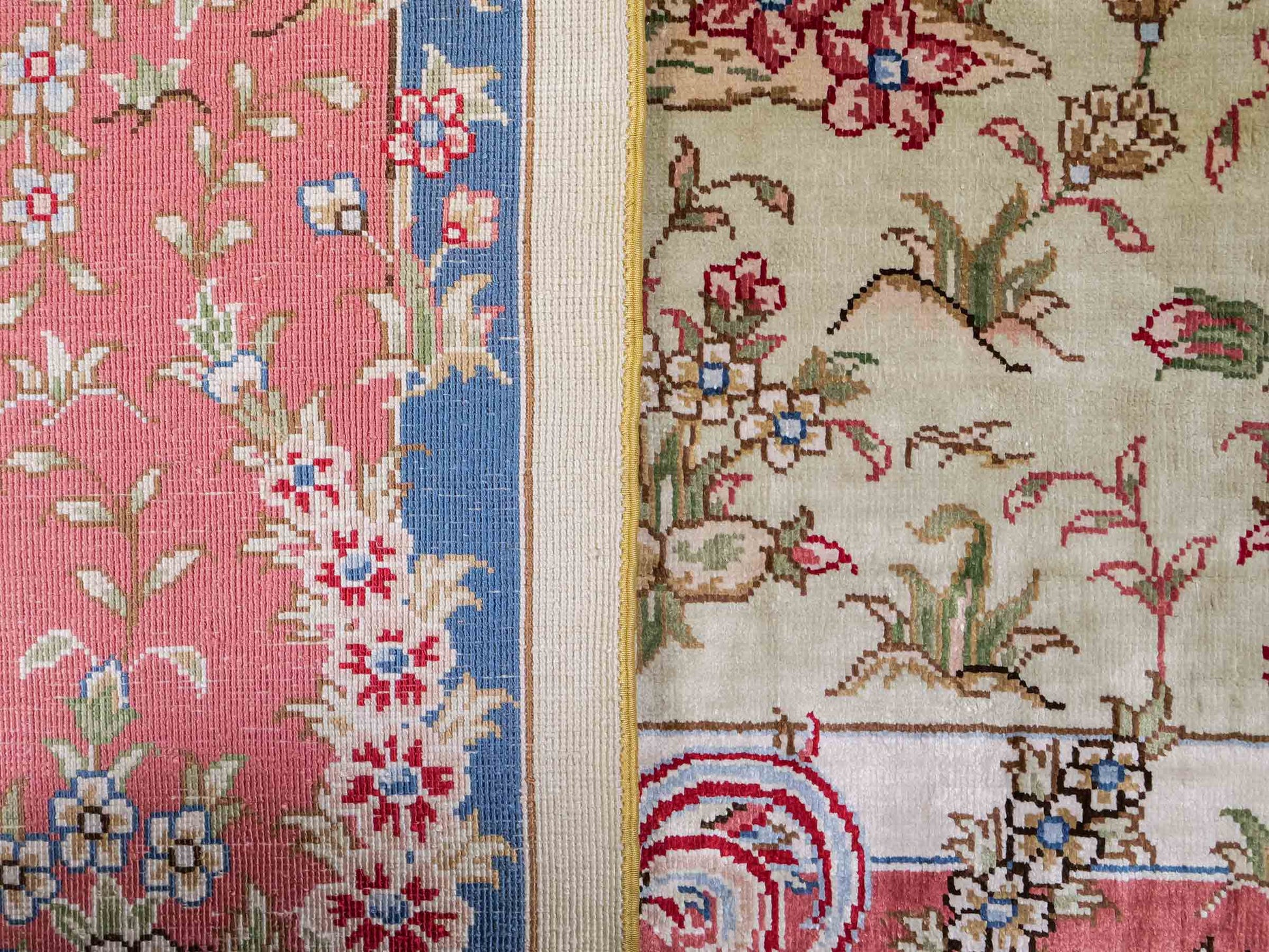 Sehr feiner, handgeknüpfter, chinesischer Ghom Orientteppich aus Seide, creme, rosa, blau. 140x93 cm. Verkauf durch Jupiter Intl.