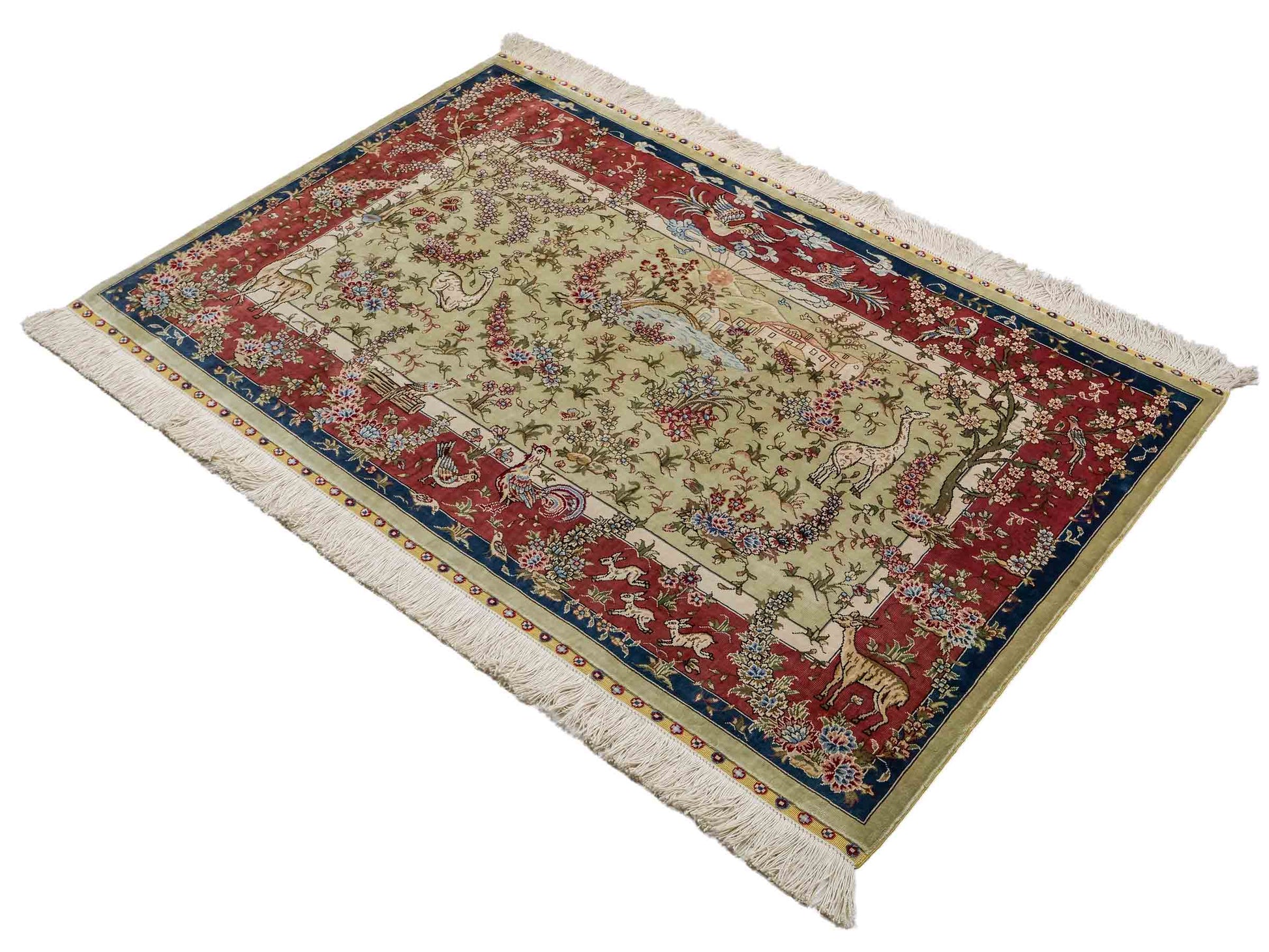 Sehr feiner, handgeknüpfter, chinesischer Ghom Orientteppich aus Seide, creme, rosa, blau. 140x93 cm. Verkauf durch Jupiter Intl.